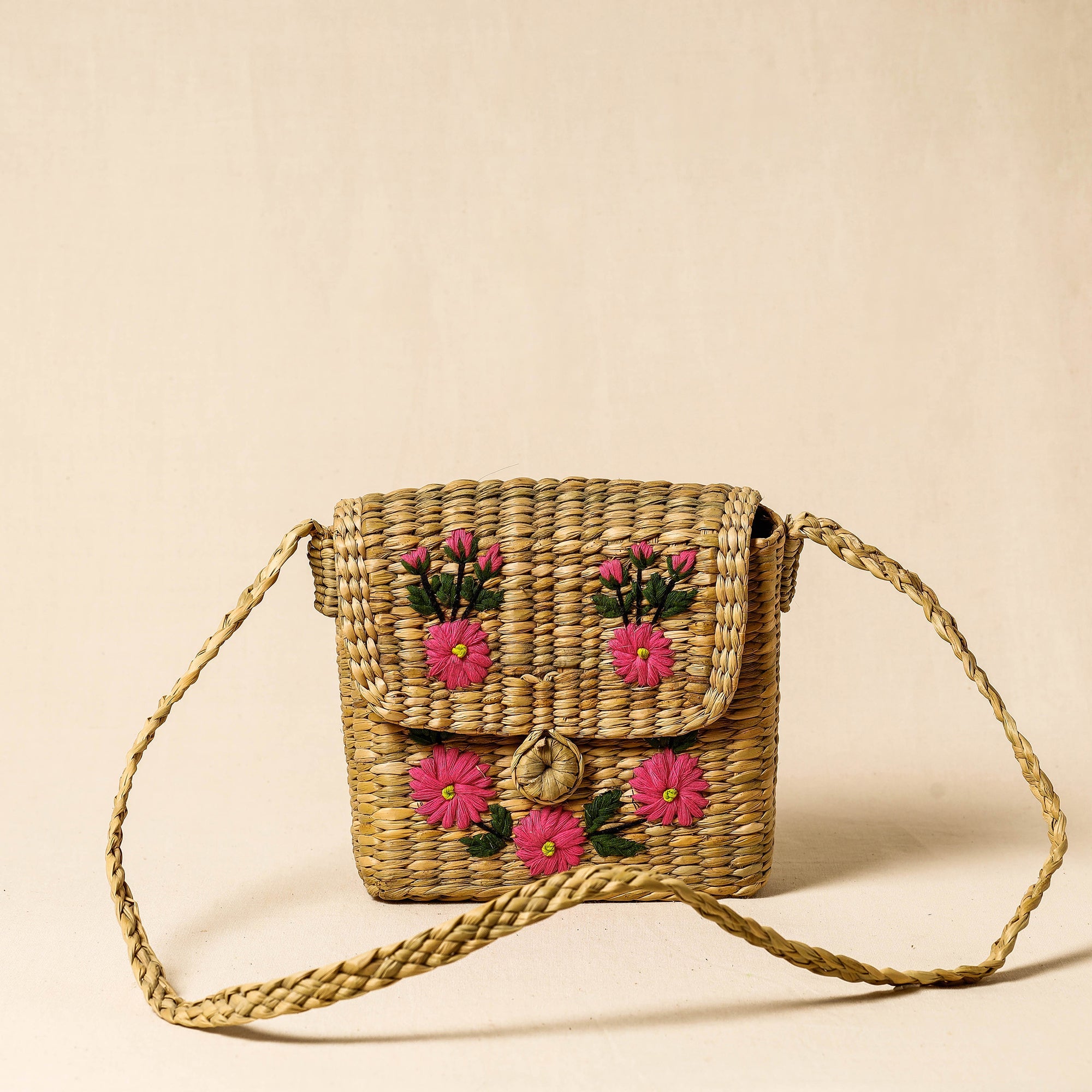 ITOKRI CRAFTS INITIATIVE Brown - Handcrafted Natural Water Reed Embroidered Sling Bag