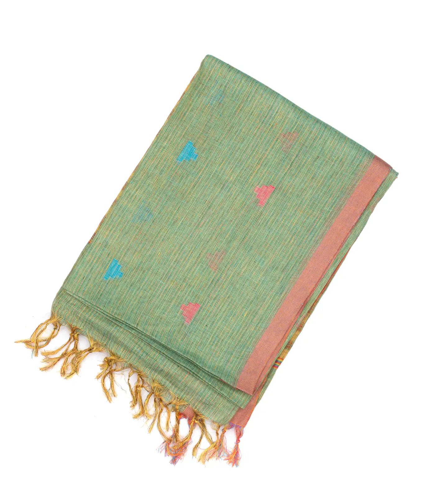 RmKV Aquamarine Handloom Linen Saree With Temple Buttas