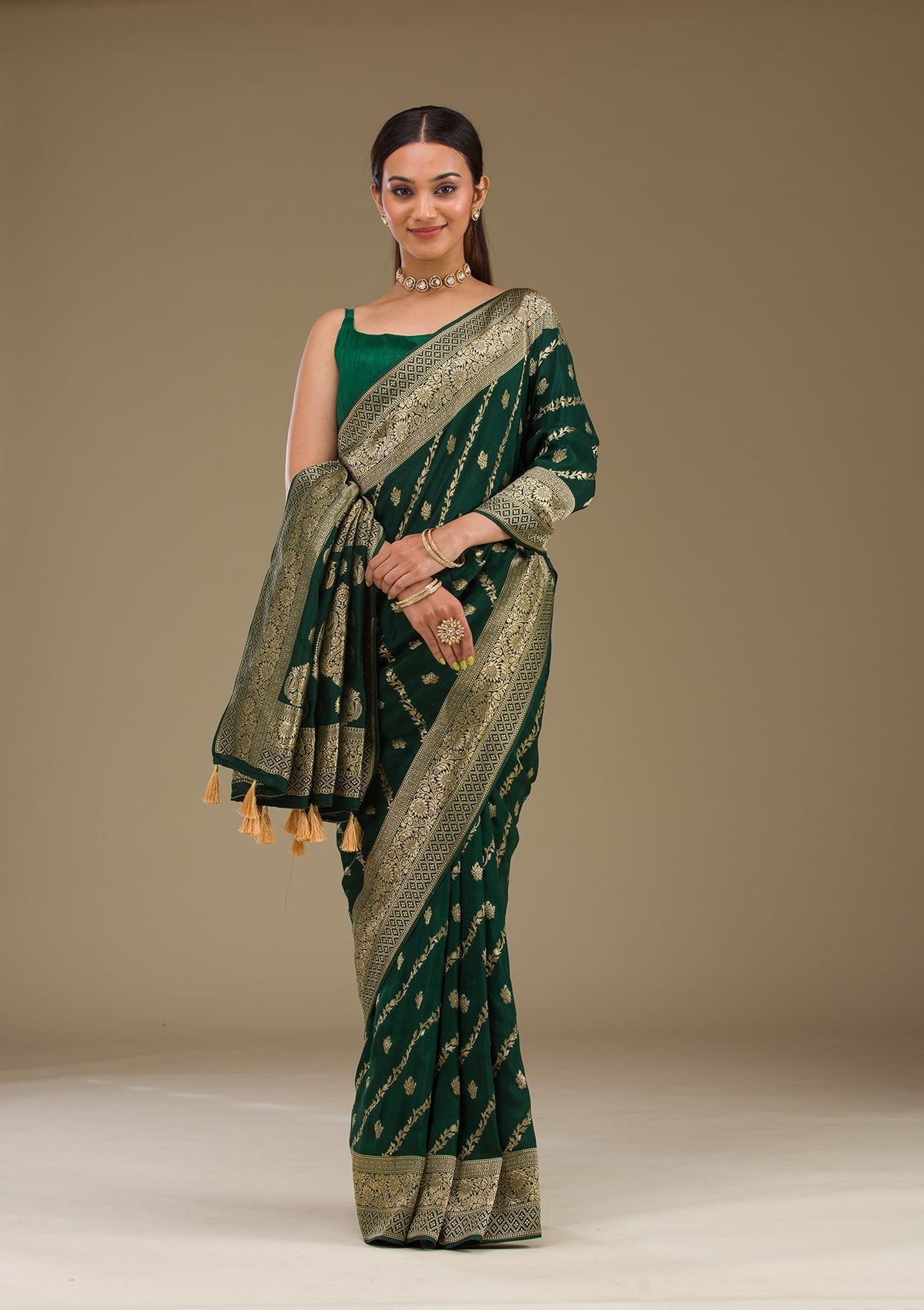 Koskii Bottle Green Zariwork Semi Crepe Saree