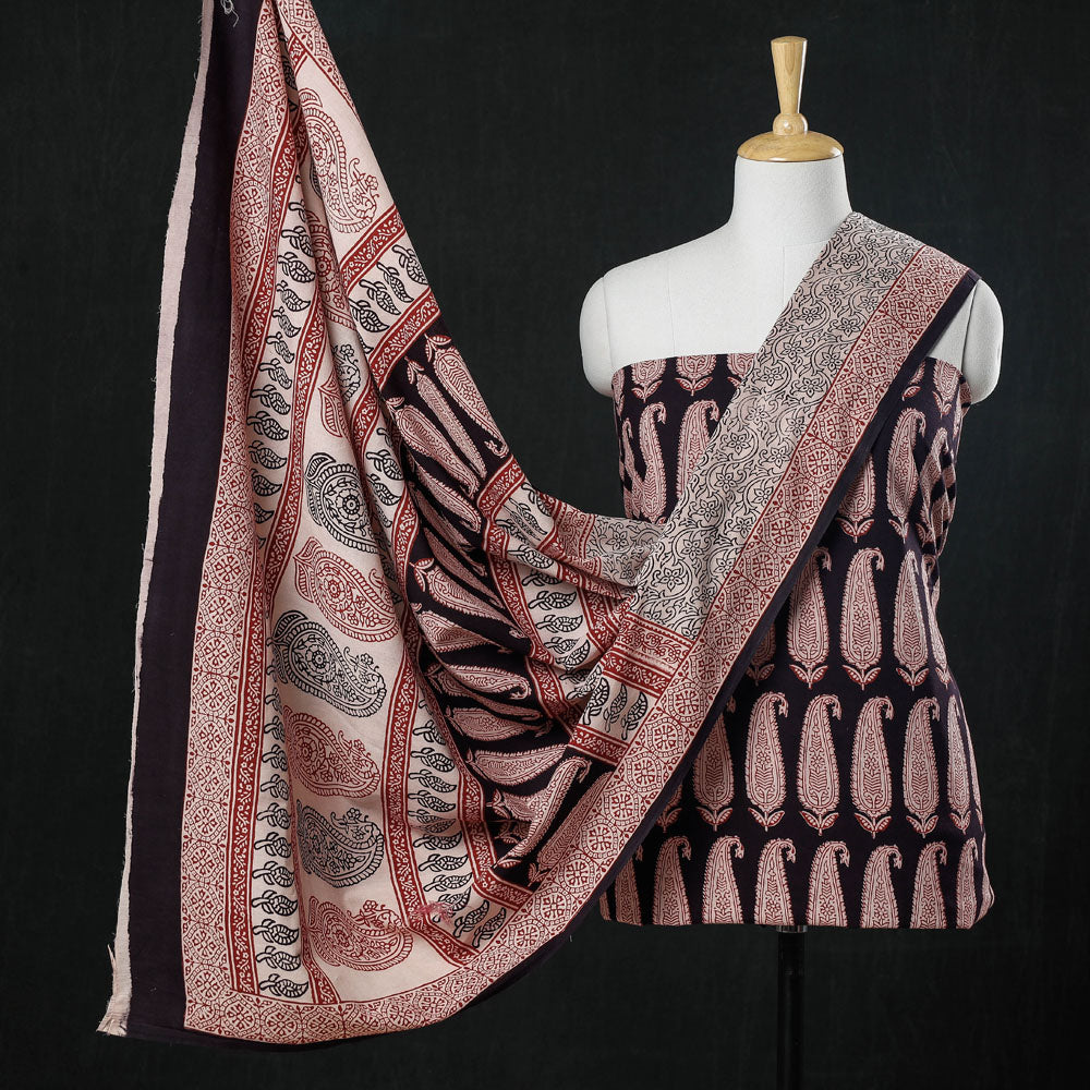 BAGH PRINTS BY UMAR FARUK KHATRI Black - 3pc Natural Dyed Cotton Bagh Print Suit Material Set