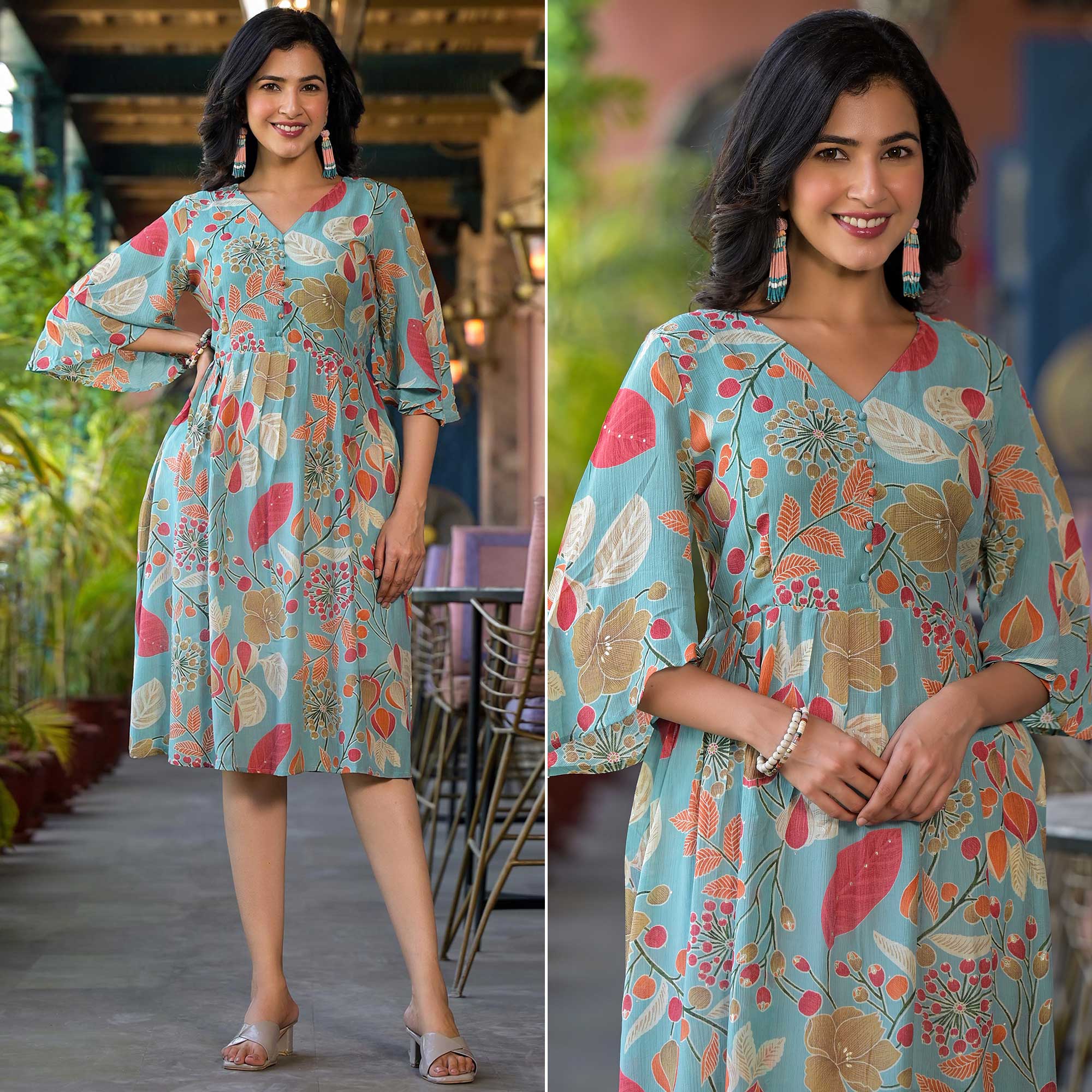 Green dresses – BlackTree green-floral-foil-printed-chiffon-a-line-dress
