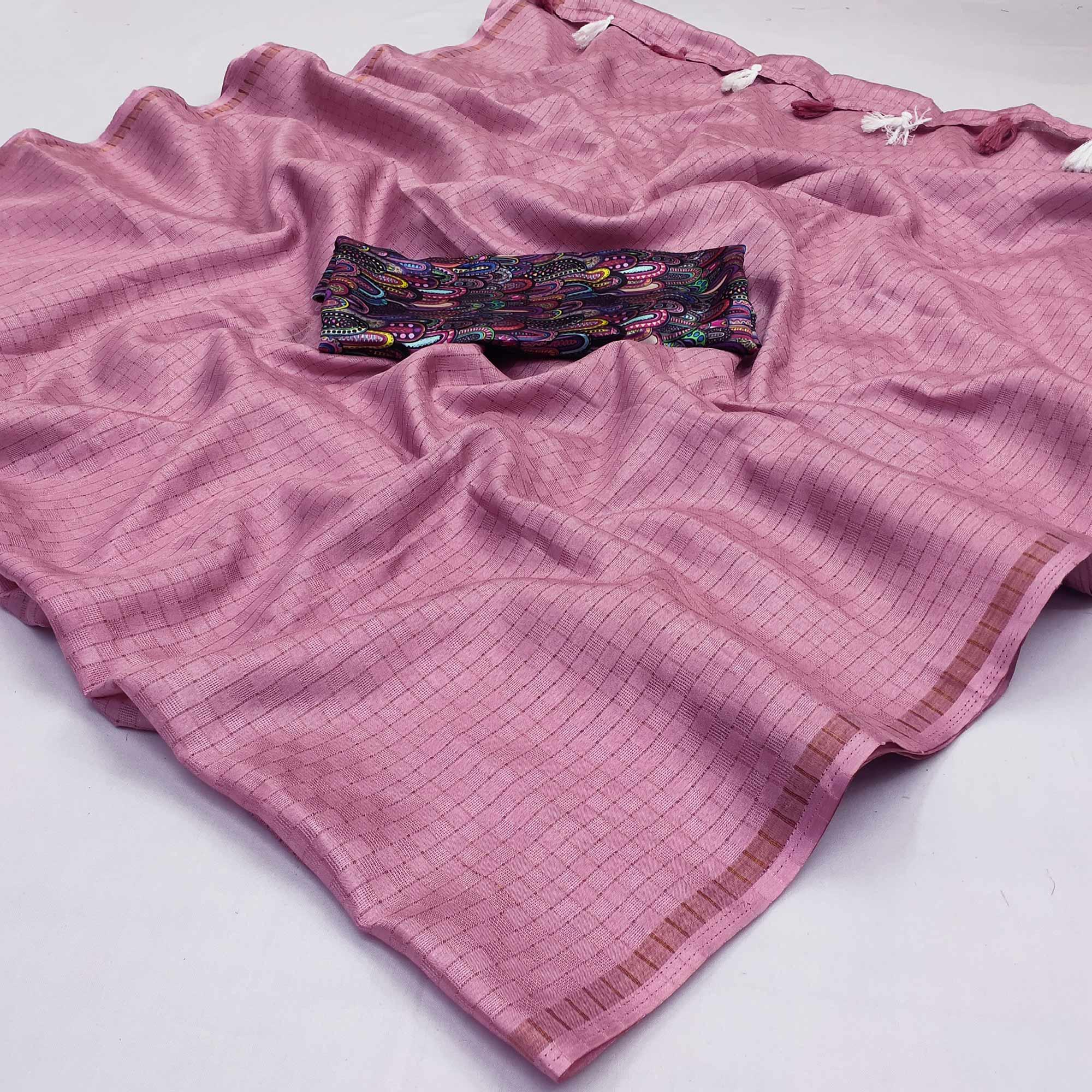 Peachmode Mauve Checks Printed Jute Saree – Women's