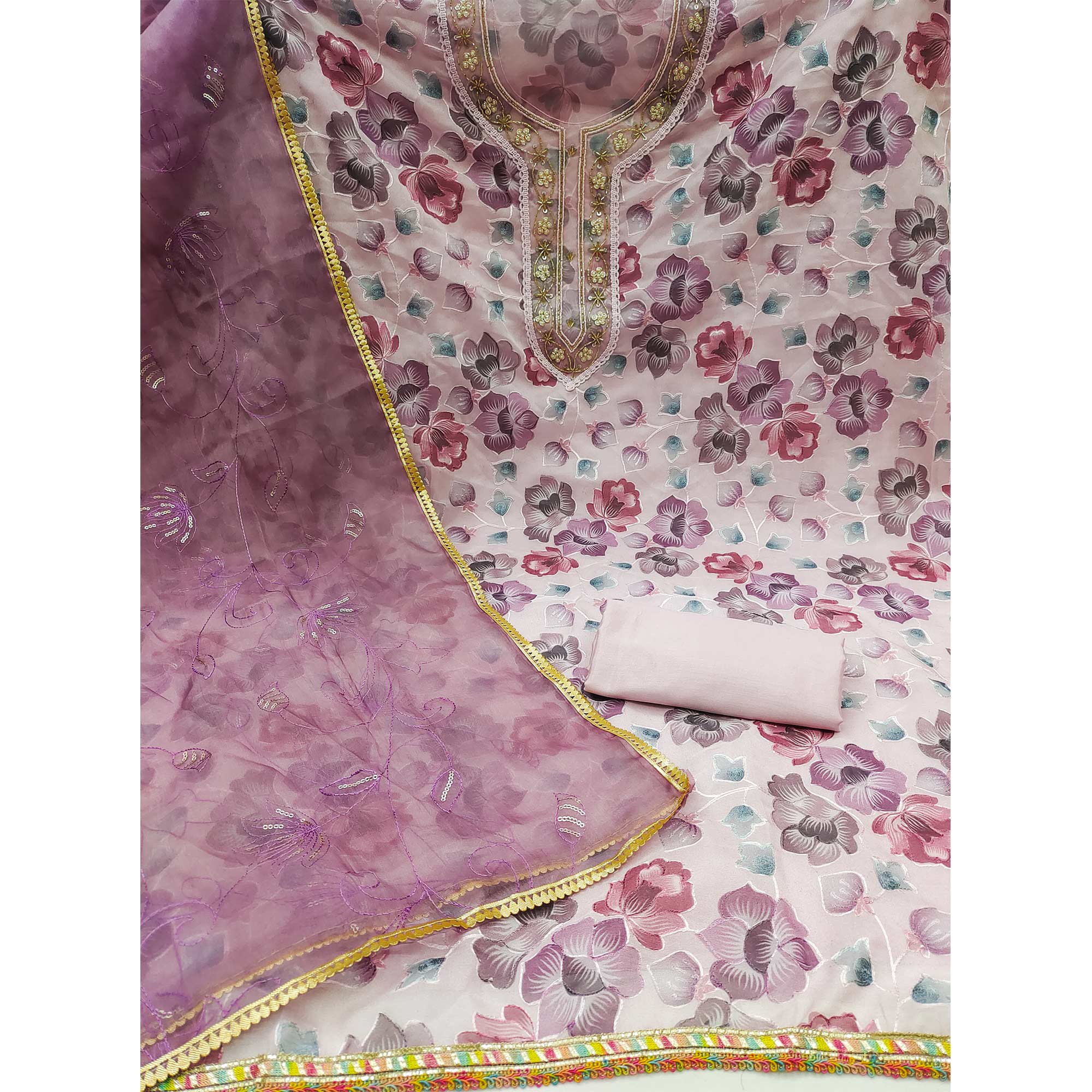 Peachmode Mauve Floral Embroidered With Printed Organza Dress Material - view 3