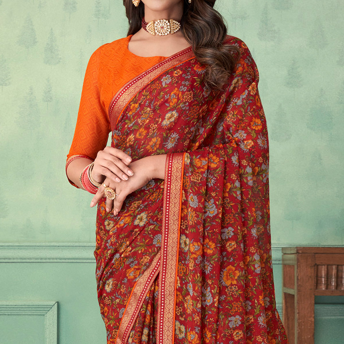 Peachmode Maroon Floral Printed Chiffon Saree With Lace Border - view 2