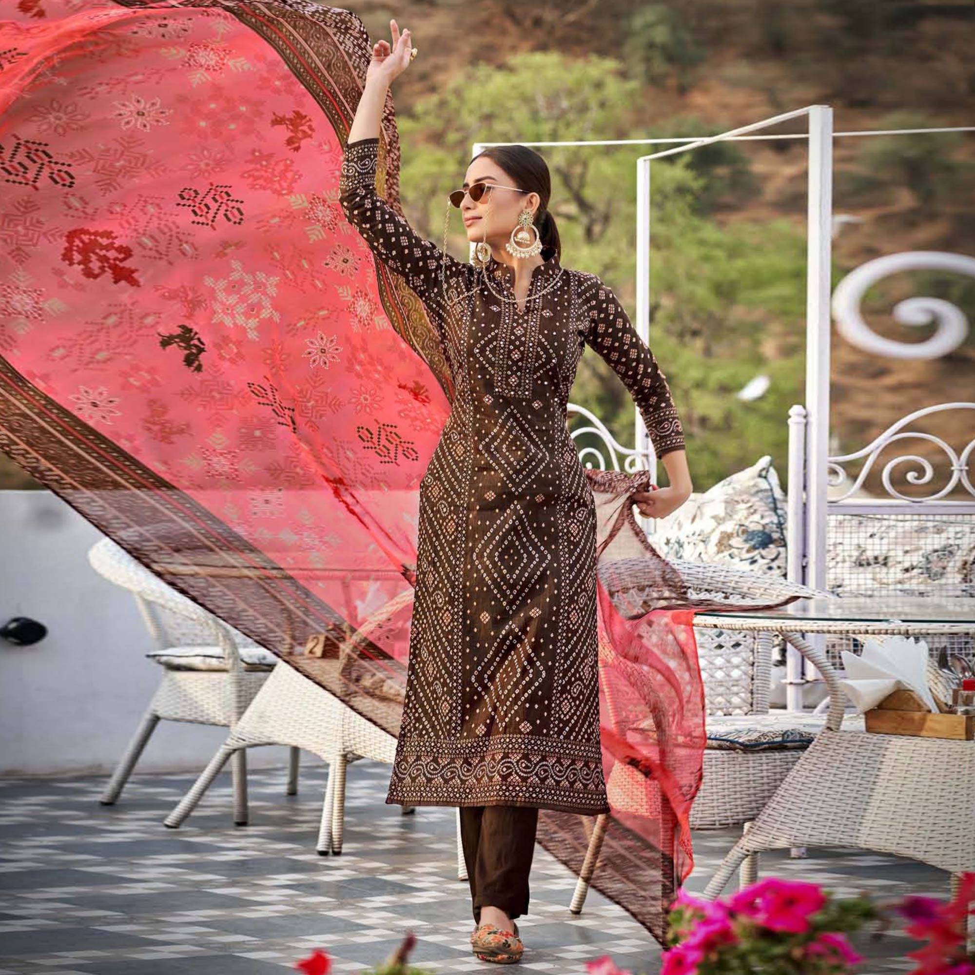 Peachmode Brown Printed Pure Cotton Suit
