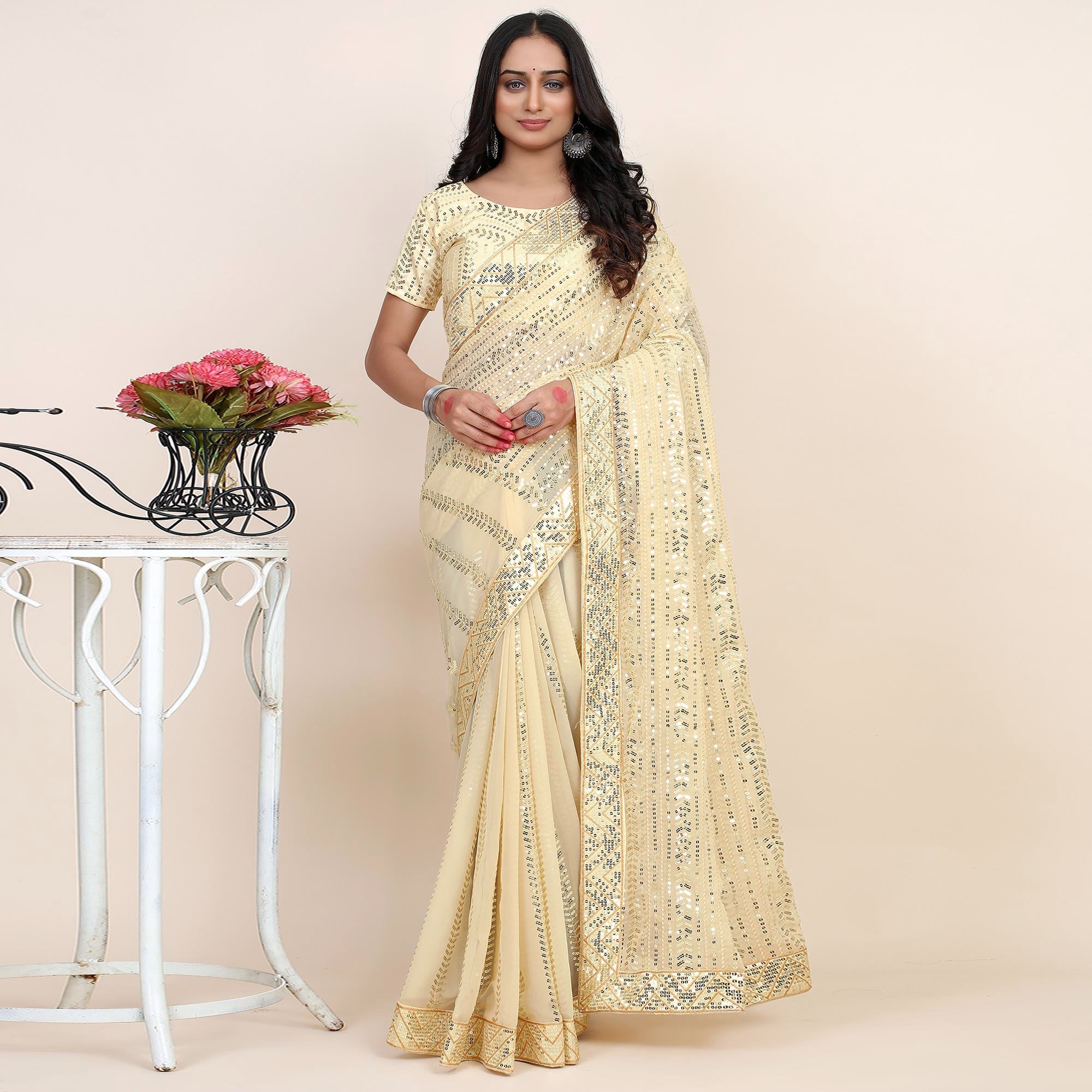 Peachmode Light Chikoo Sequins Embroidered Georgette Saree - view 2
