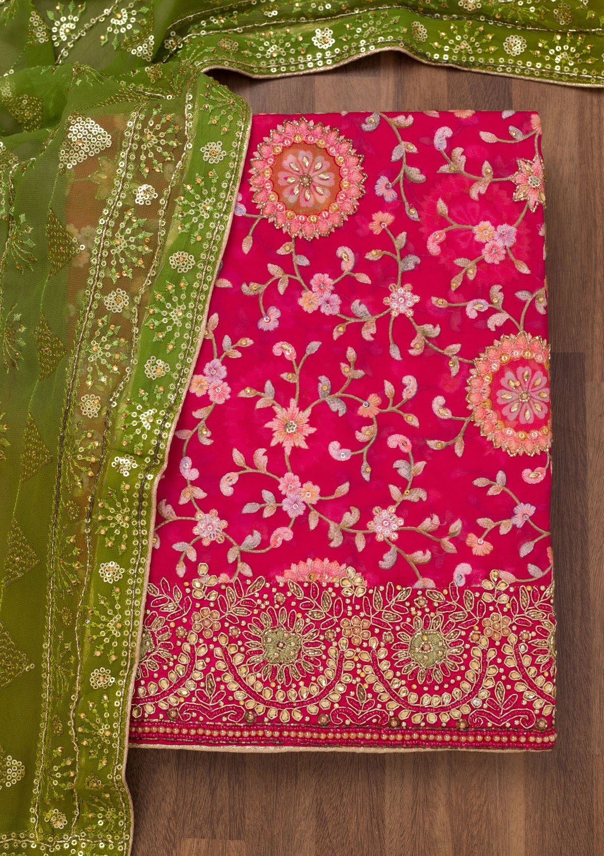 Koskii Rani Pink Threadwork Semi Crepe Unstitched Salwar Suit - view 5