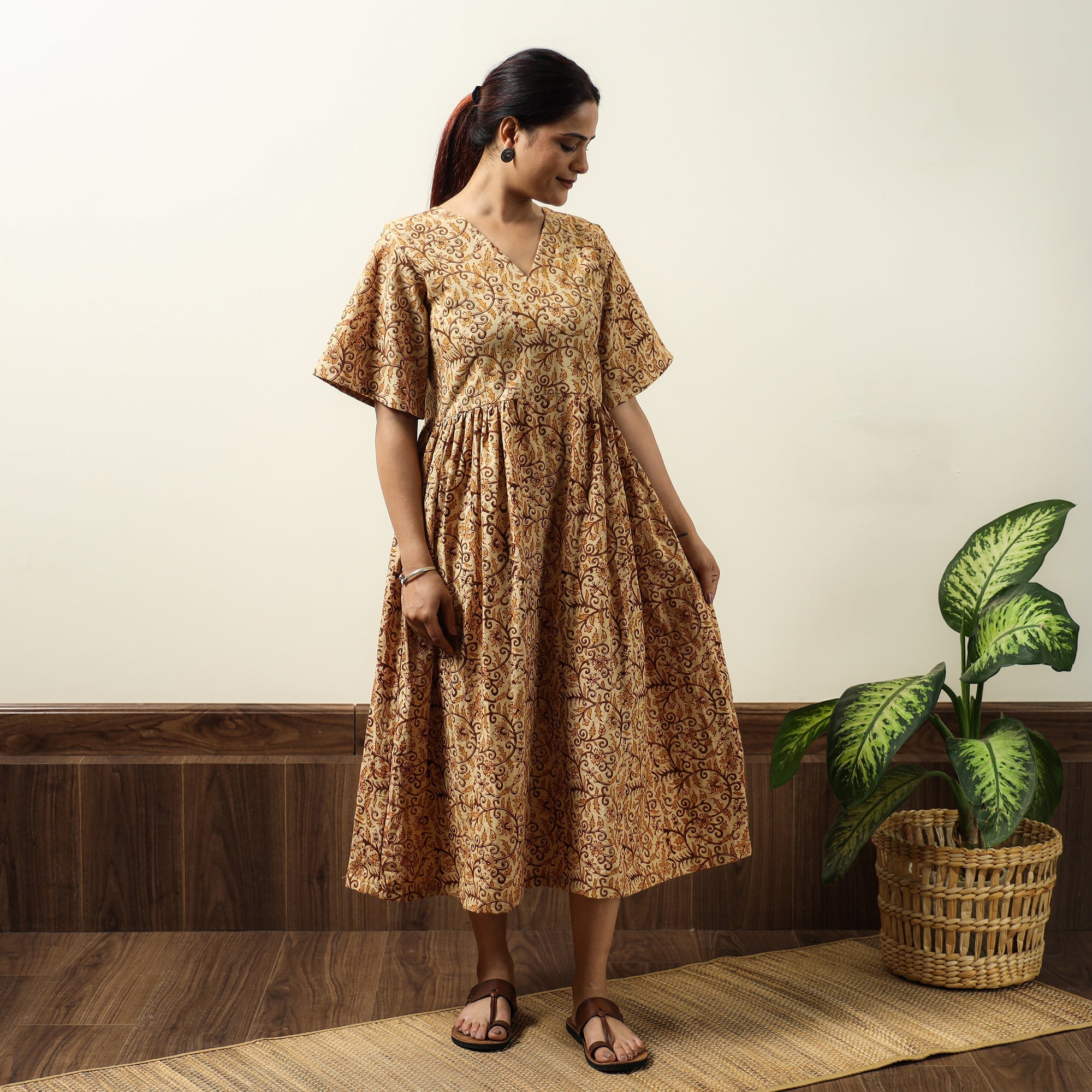 ITOKRI CASUALS Beige - Kalamkari Block Printed Cotton Flared Gher Dress 06