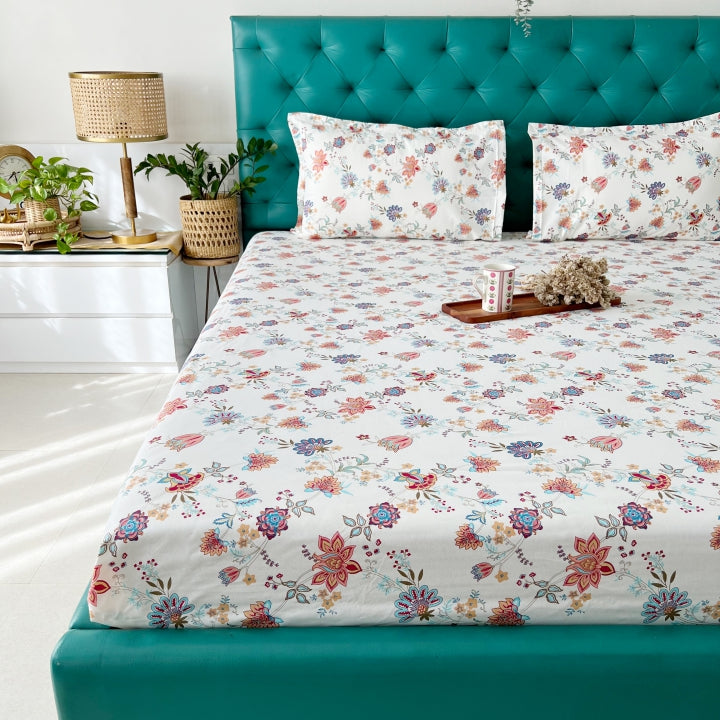 Urban Space -Home Furnishing Store Serene 200 TC 100% Cotton Single Printed Bedsheet with Pillow Covers - Paradise Peach & Blue