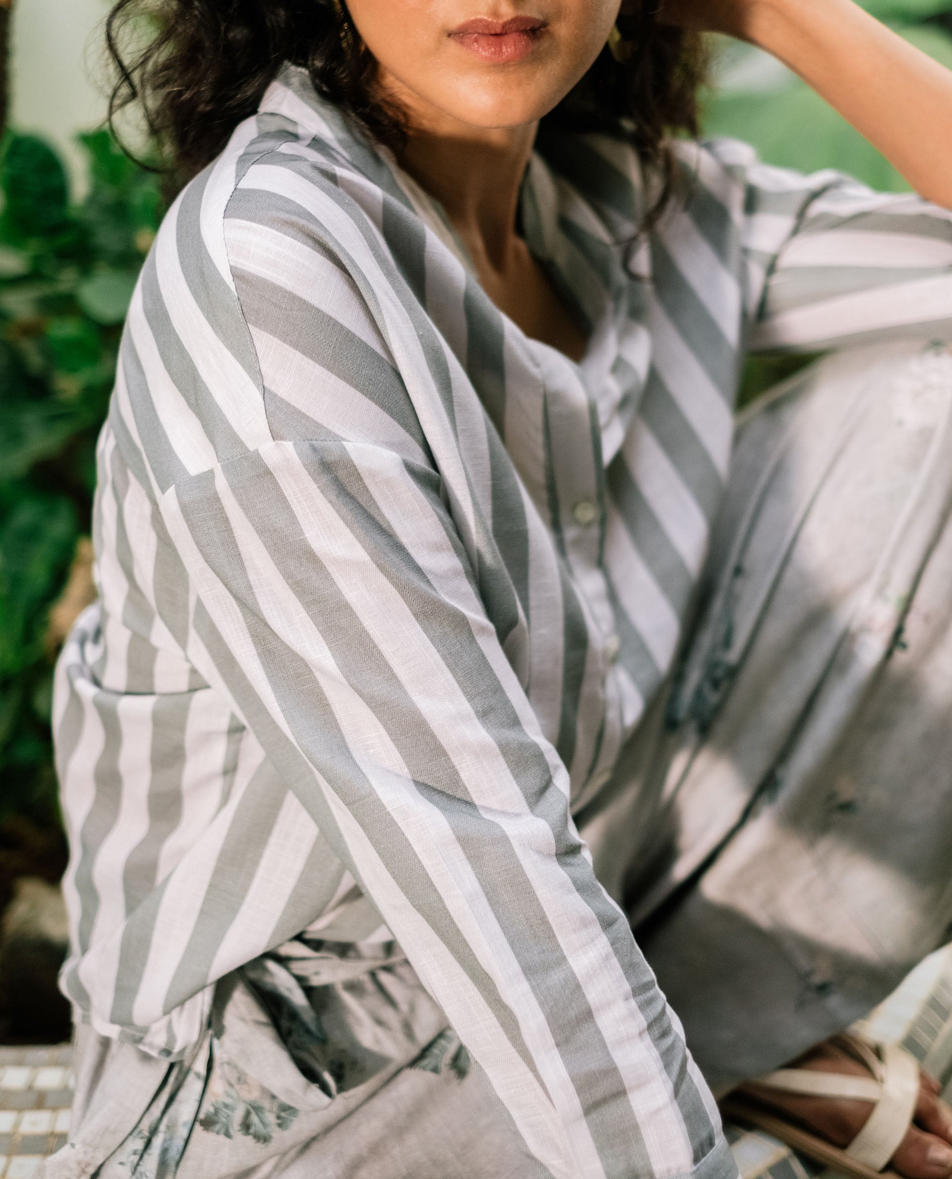 Rareism Women Kyuzo Off White Linen Fabric 3/4Th Sleeves Button Closure Shirt Collar Relaxed Fit Striped Shirt - view 2