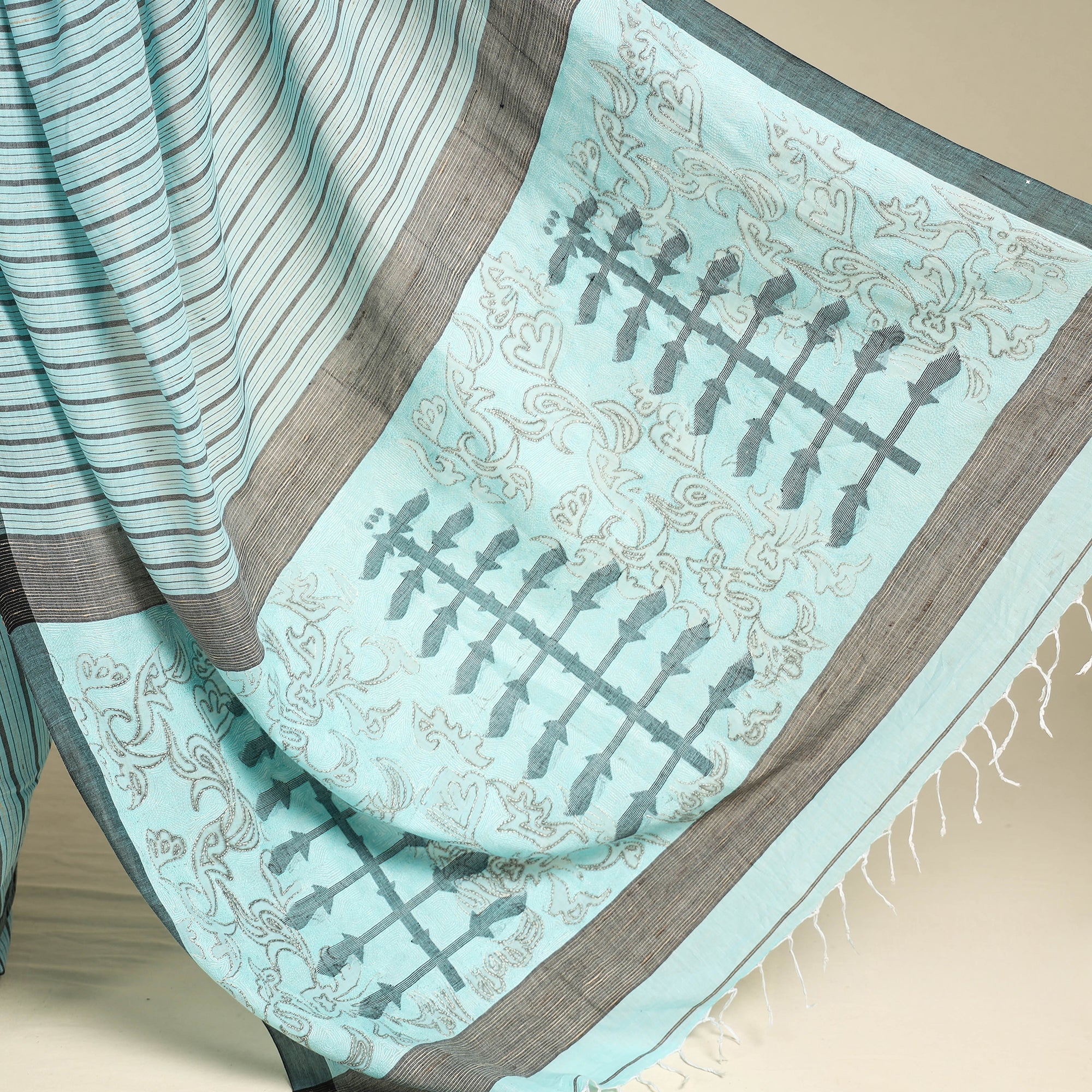 KHUSHBASH - HAPPY LOOM OF EAST Blue - Bengal Kantha Hand Embroidery Handloom Cotton Saree with Tassels 09 - view 2