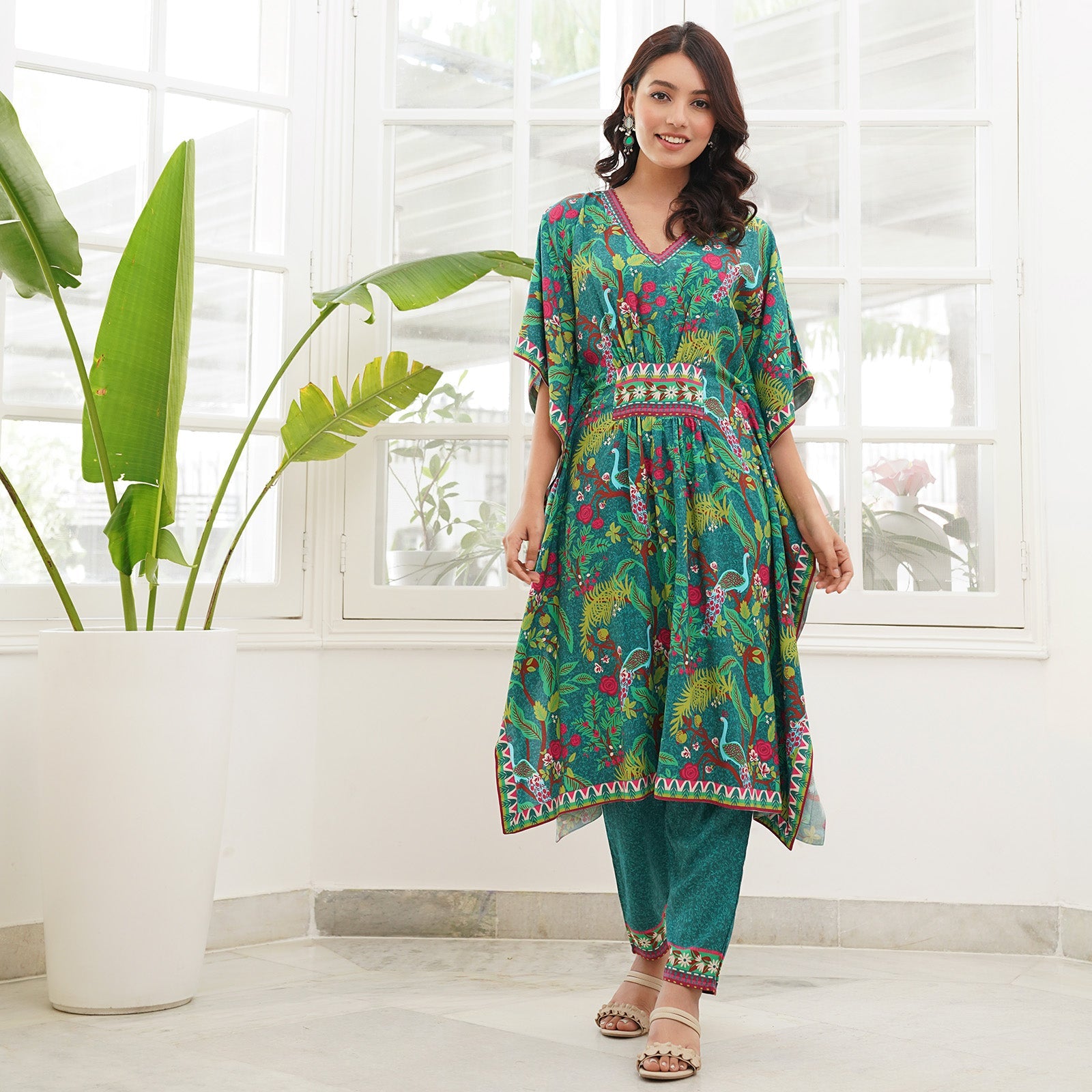 BlackTree Aqua Green Peacock Printed Kaftan Pant Set