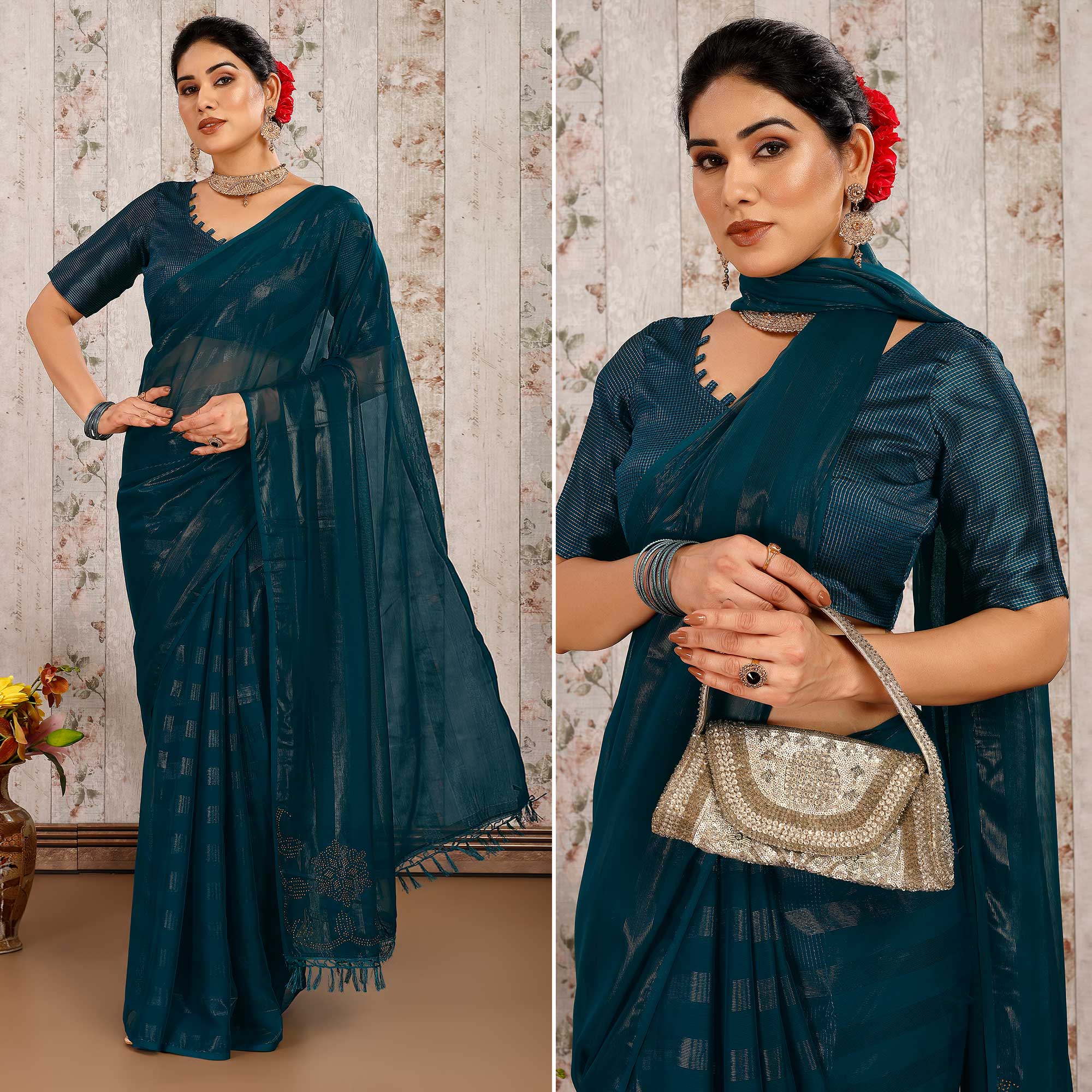 Peachmode Morpich Swarovski Work Chiffon Saree With Tassels