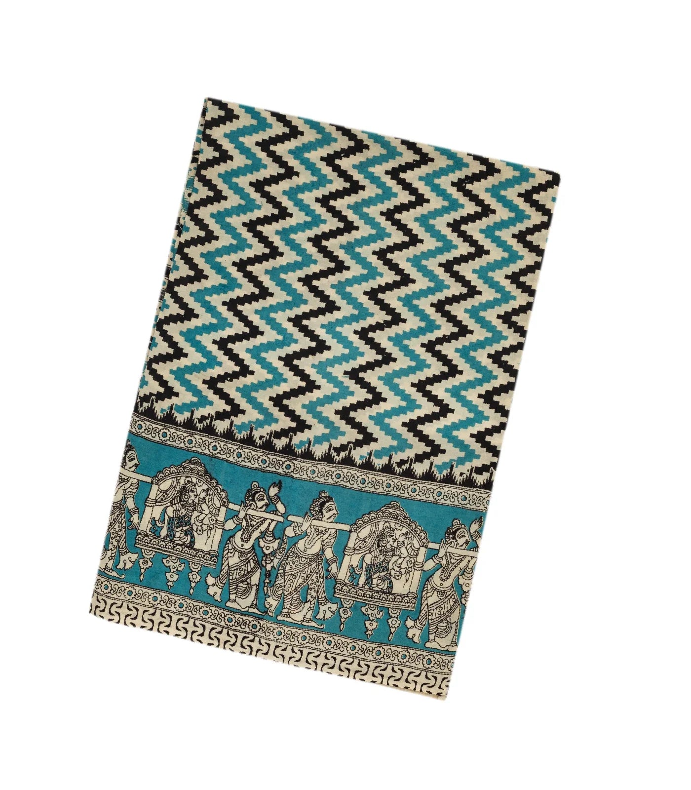 RmKV Turquoise Handloom Kalamkari Cotton Saree With Printed Chevron Motifs