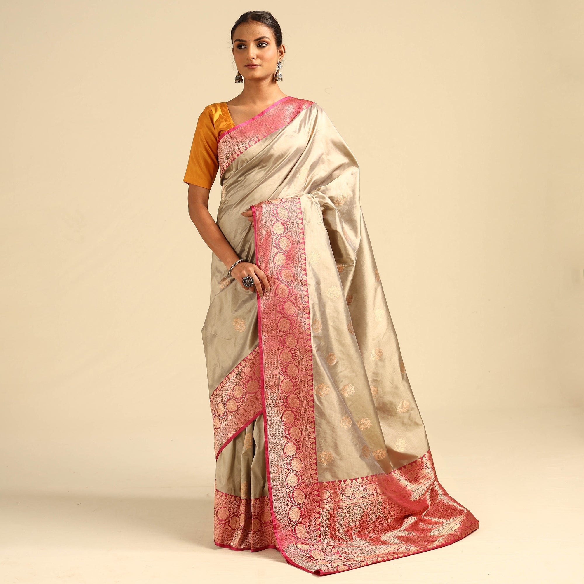 ITOKRI CRAFTS INITIATIVE Beige - Banarasi Handloom Pure Katan Silk Kaduwa Zari Buti Saree