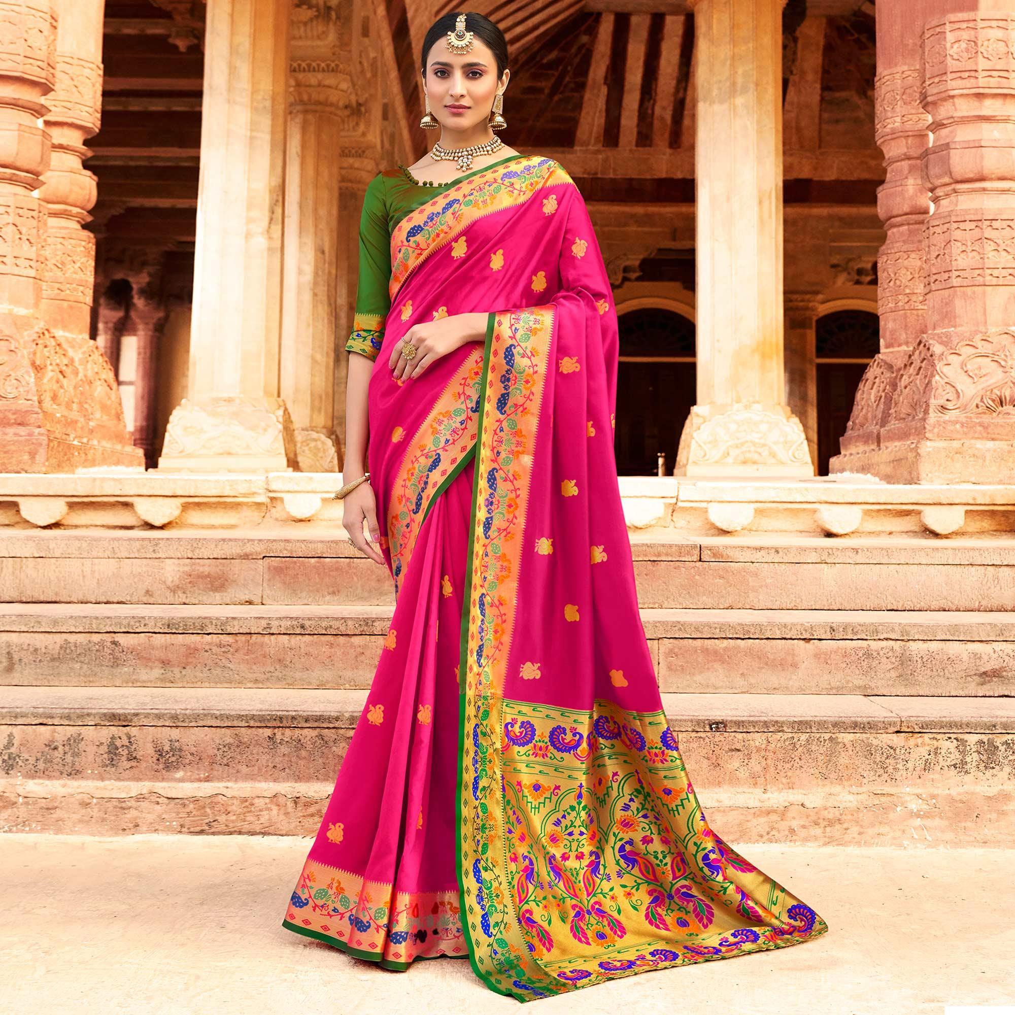Peachmode Imposing Dark Pink Colored Festive Wear Woven Paithani Silk Saree