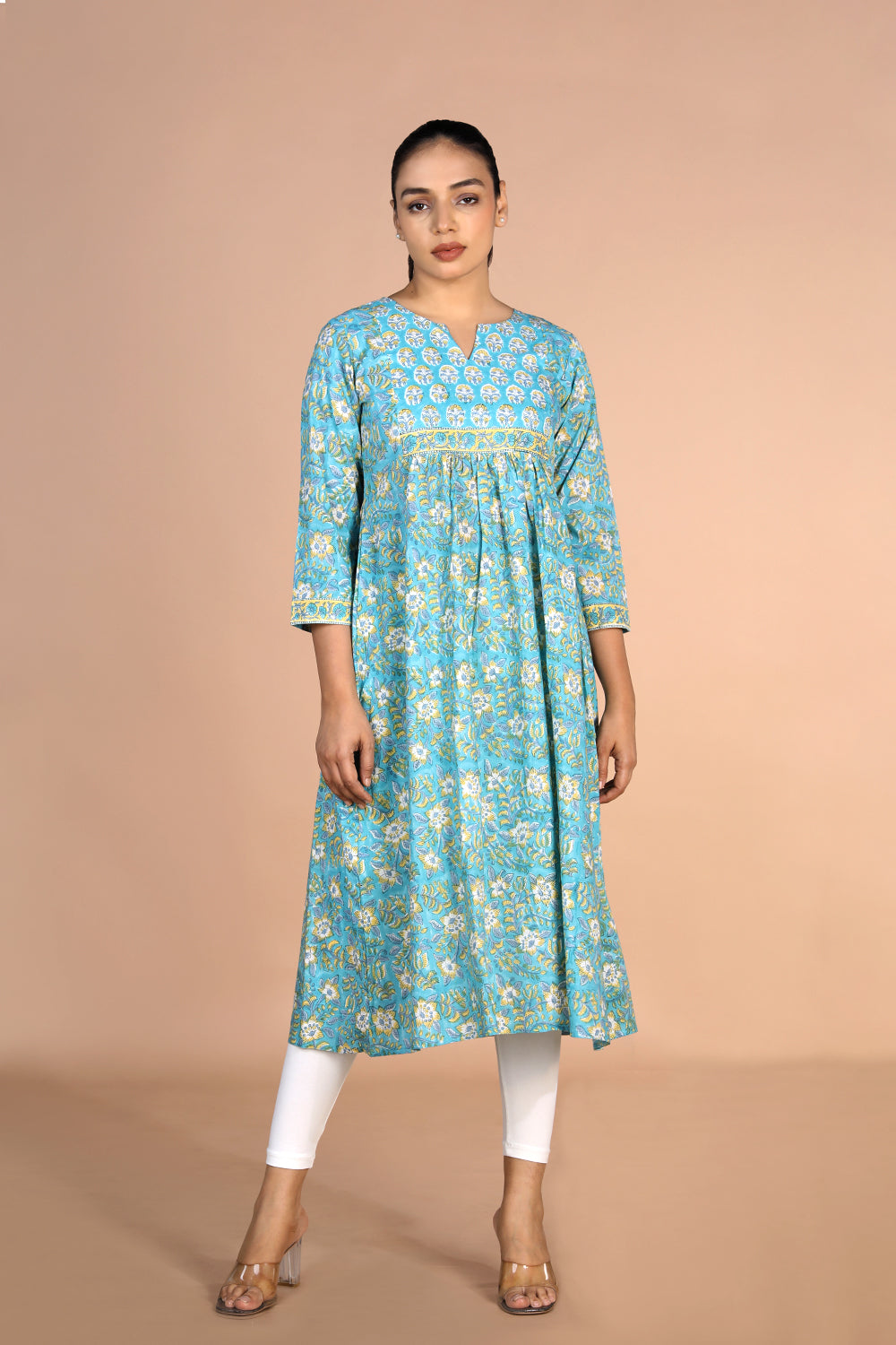 Kalanjali Ethnics Floral sky blue Sanganeri handblock printed cotton Kurti