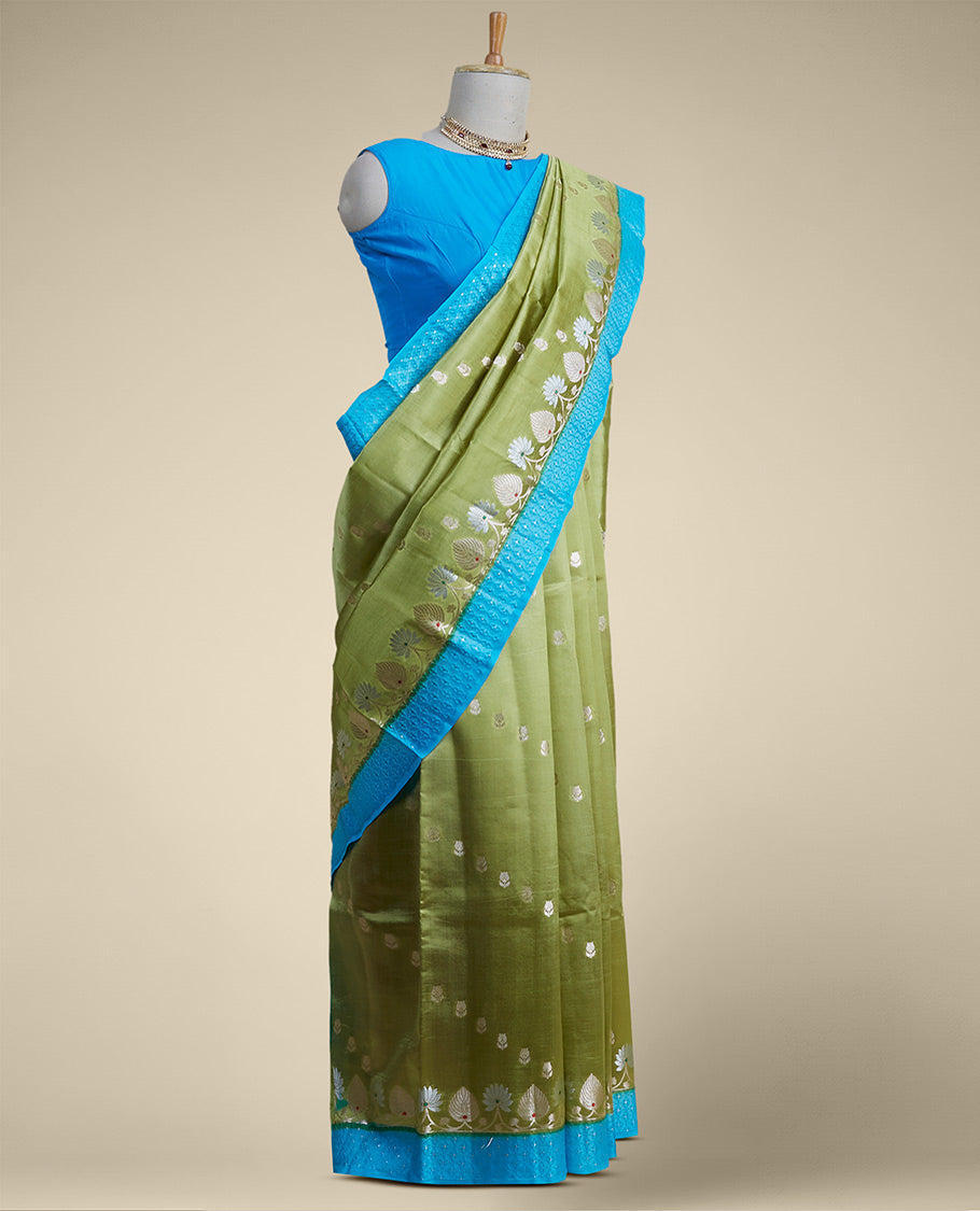 Pothys Green floral motifs dupio silk saree with contrast floral embroidery border - view 2