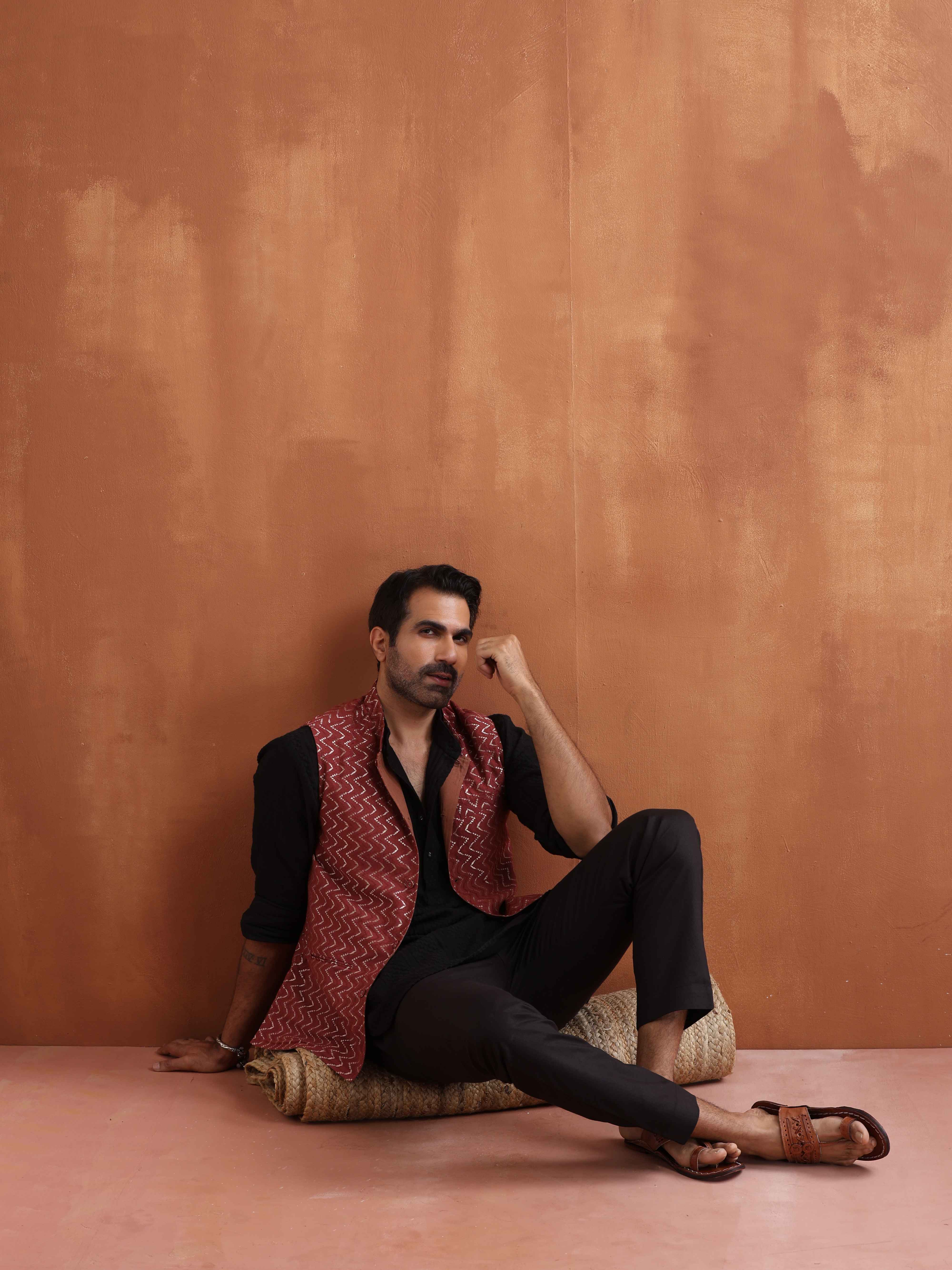 trueBrowns Men's Rust Cotton Dobby Nehru Jacket - view 7