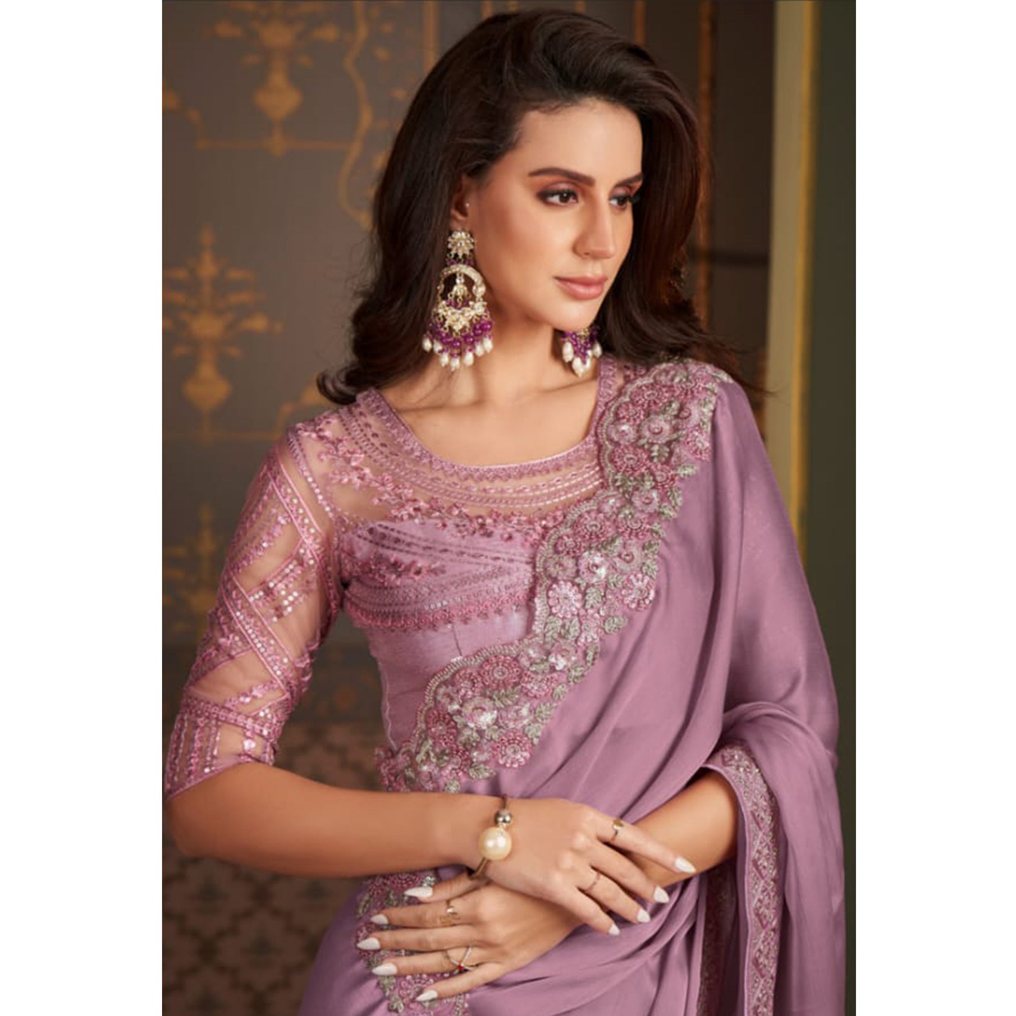 Peachmode Mauve Embroidered Satin Saree – Women's - view 4