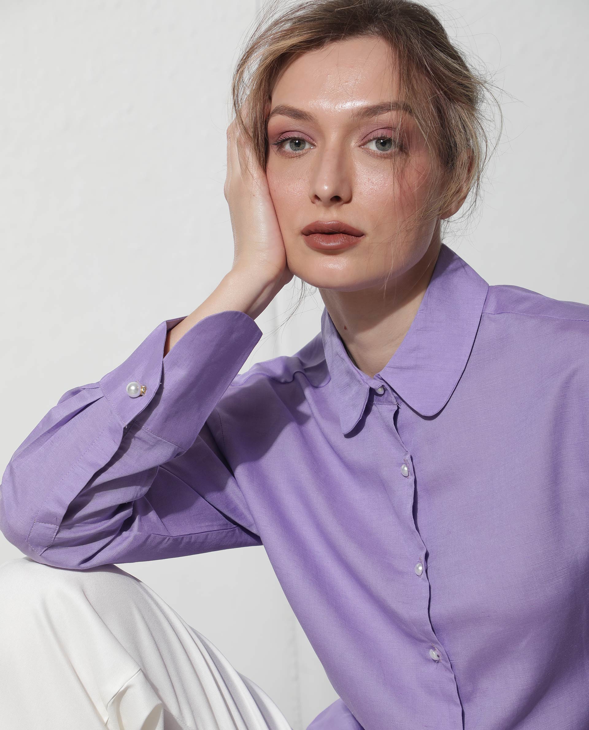 Rareism Women Jayleen Fluorescent Purple Modal Linen Fabric Full Sleeves Button Closure Shirt Collar Slim Fit Plain Top