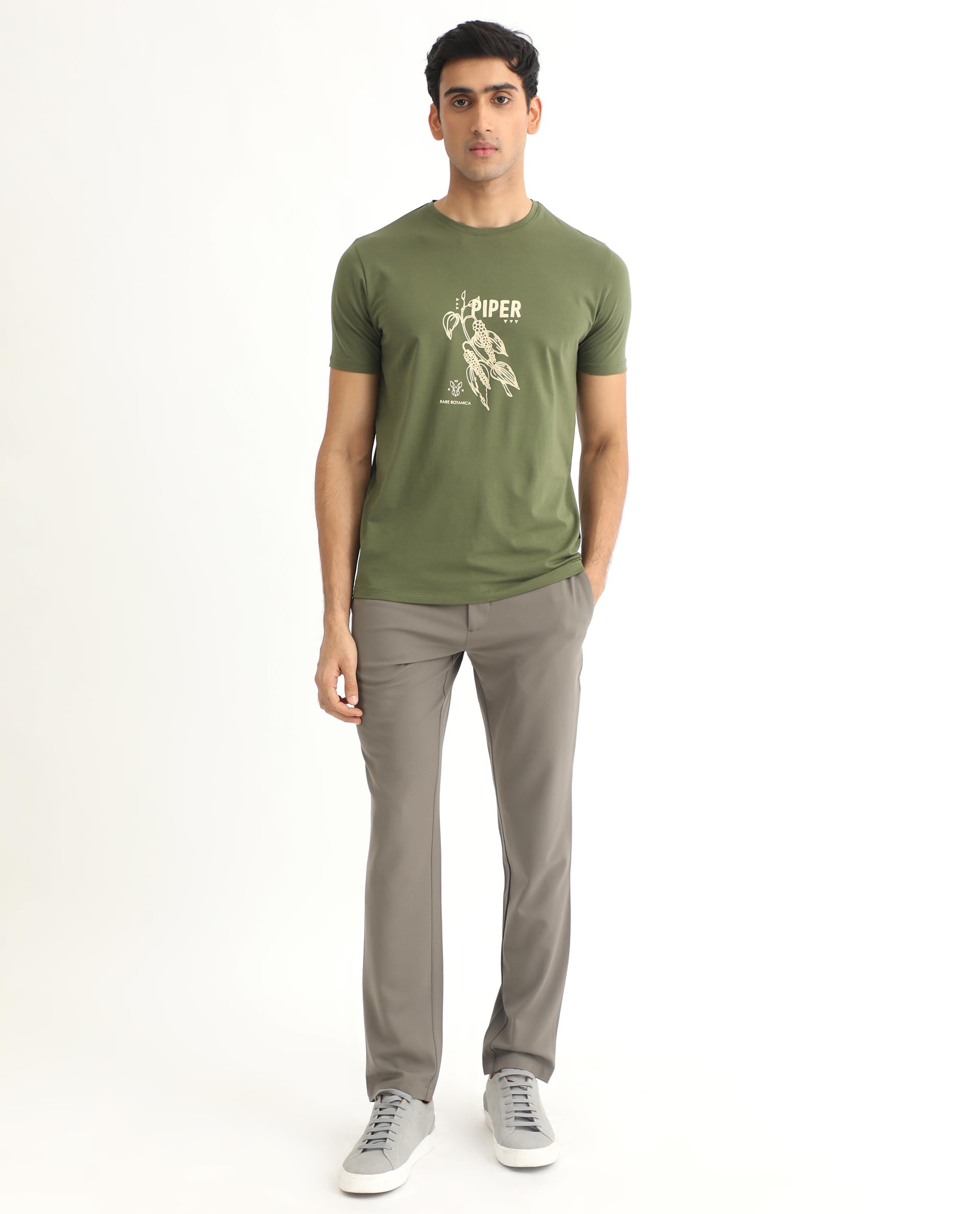 Rare Rabbit Men's Quet Olive Crew Neck With Botanical Chest Graphic Half Sleeves Slim Fit T-Shirt - view 4