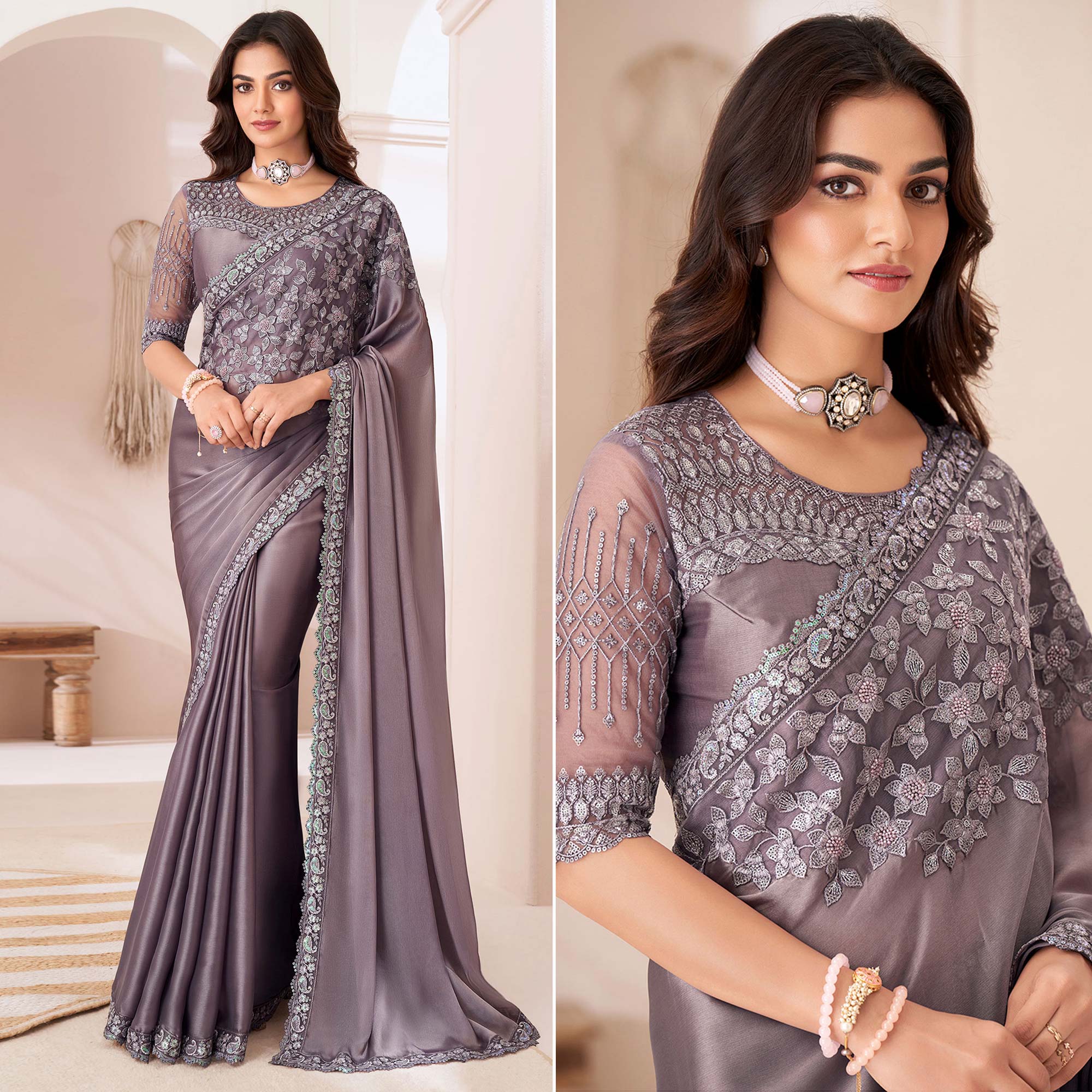 Peachmode Dark Mauve Embroidered Satin Saree – Women's