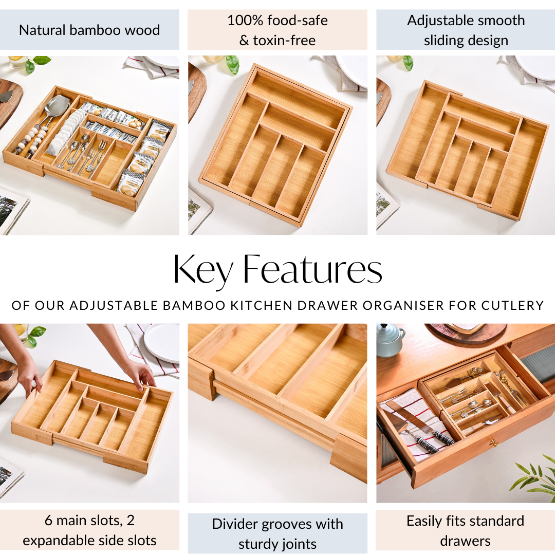 Nestasia Adjustable Bamboo Kitchen Drawer Organiser For Cutlery - view 5