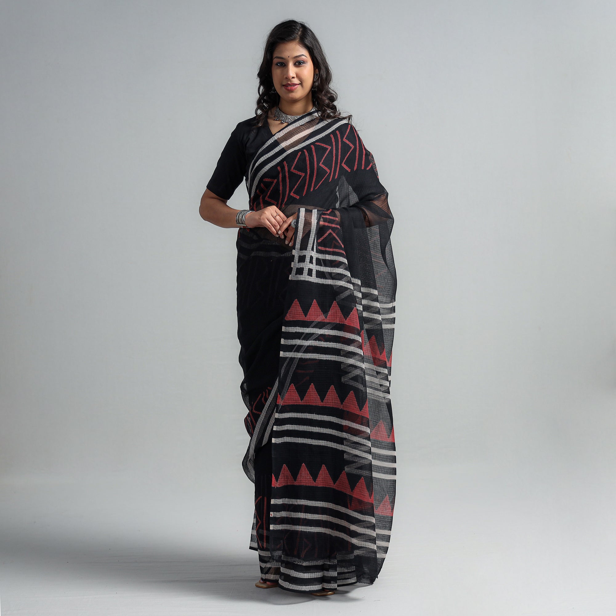 HAVELI CHRONICLES Black - Kota Doria Cotton Sanganeri Print Saree