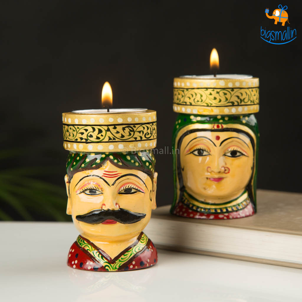 Indian Craft Hand-Crafted Wooden Face Tea Light Holder - Set of 2