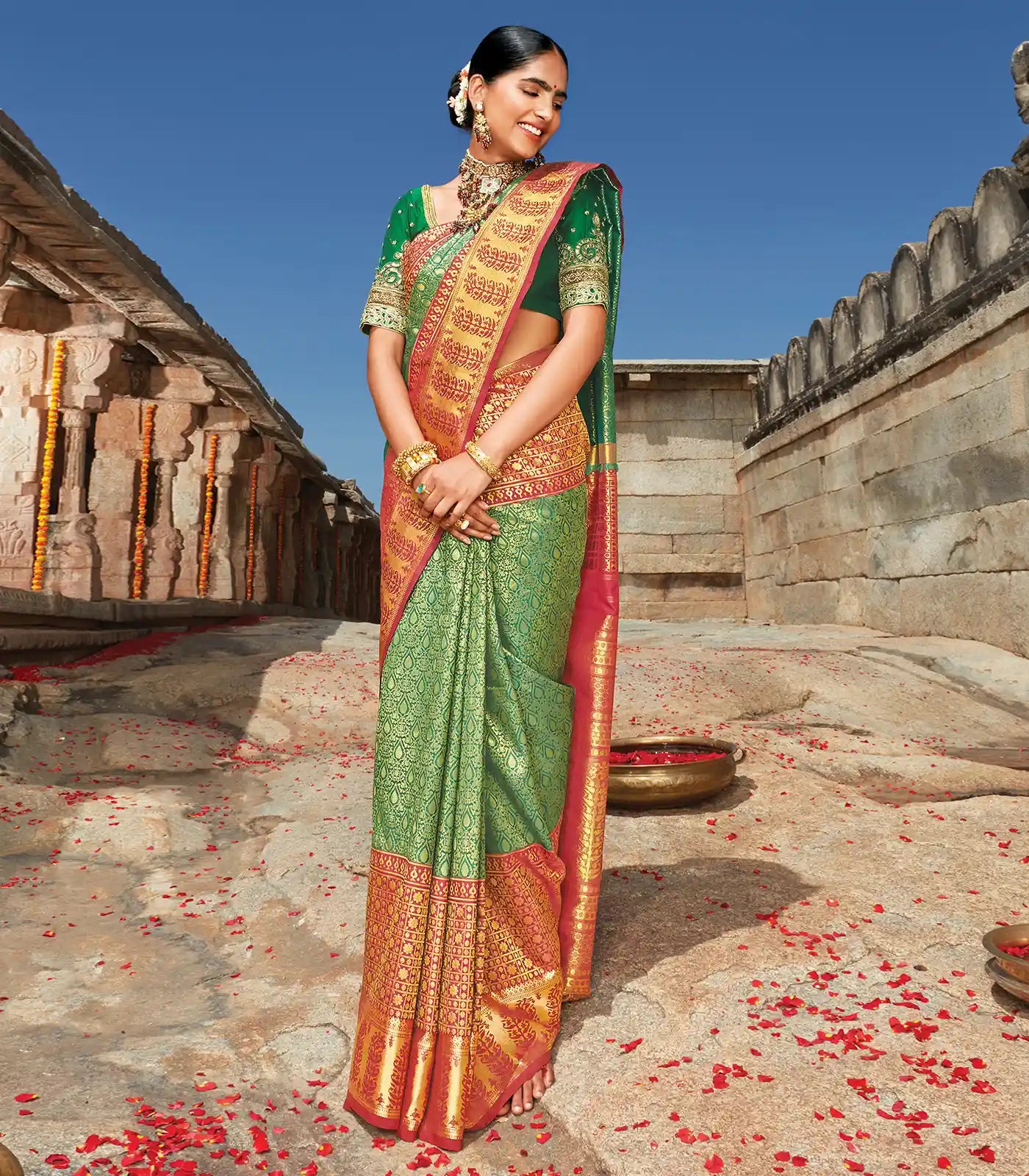RmKV Green Handloom Natural Dyed Kodali Karuppur Inspired Kanchipuram Revival Silk Saree - view 2