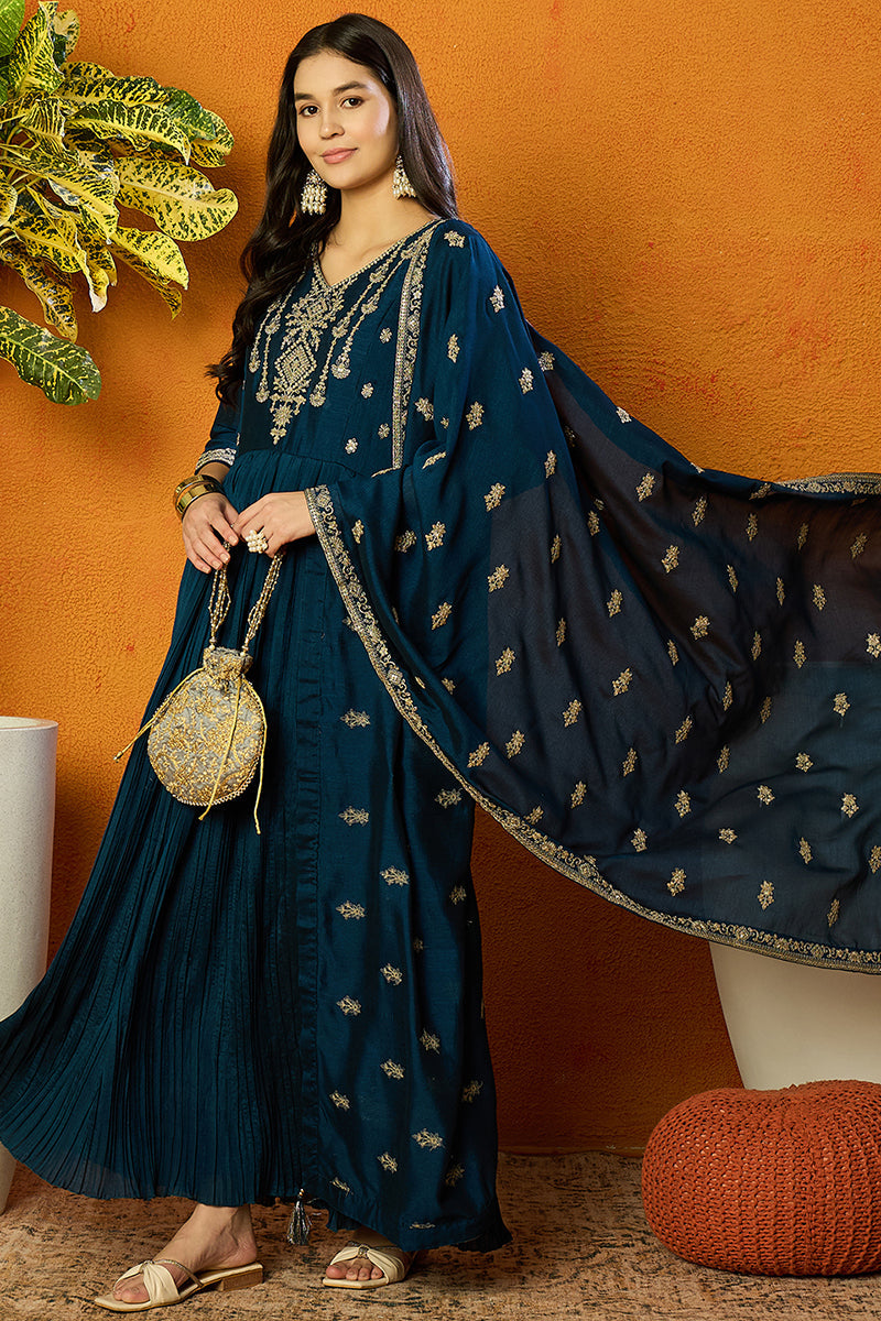 Ahika Indigo Blue Silk Blend Solid Embroidered Anarkali Style Suit Set PKSKD2060 - view 4