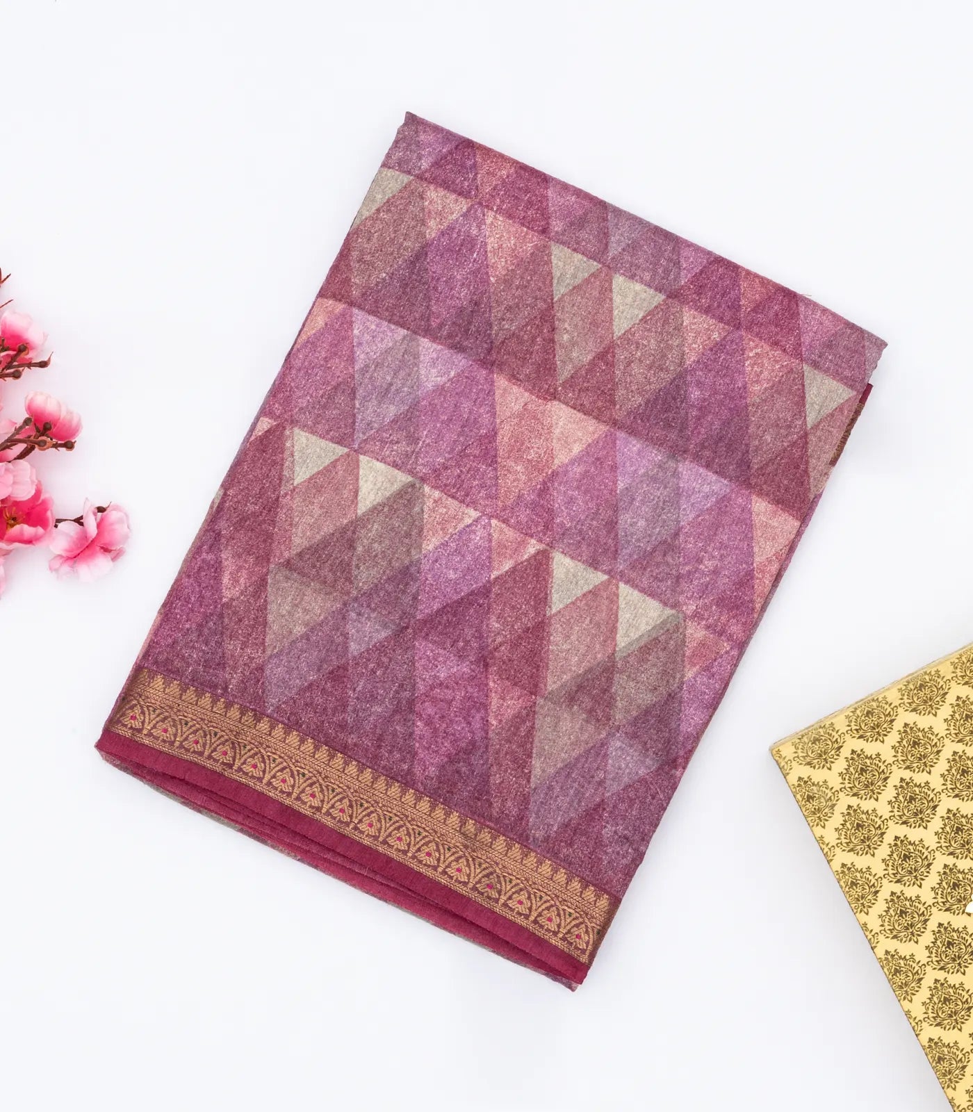 RmKV Lavender Tussar Silk Saree Is Printed With Triangle Motifs
