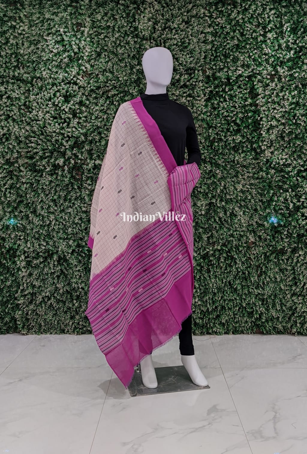 IndianVillèz White Pink Butta Design Sambalpuri Cotton Dupatta