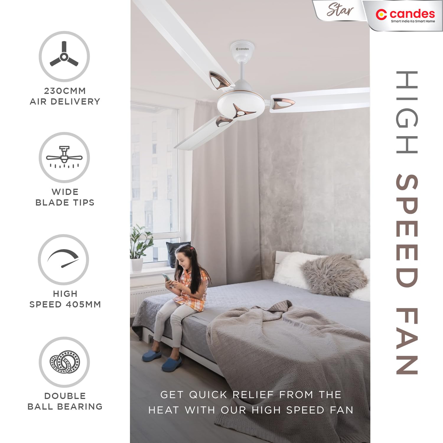 Candes Star 1200mm High-Speed Decorative Ceiling Fans for Home | BEE 3 Star Rated 405 RPM Anti-Dust | 2 Years Warranty (White) Pack of 1 - view 2