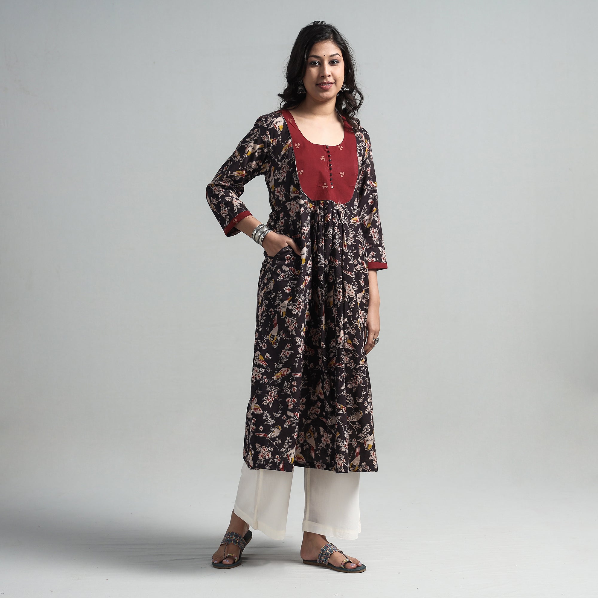 ITOKRI CASUALS Black - Kalamkari Printed Cotton A-Line Long Kurta with Patchwork - view 3