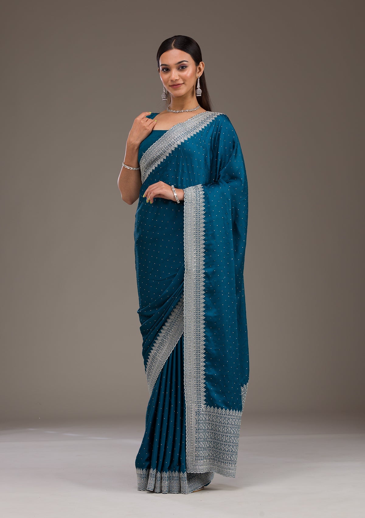 Koskii Peacock Blue Stonework Satin Saree – Women's