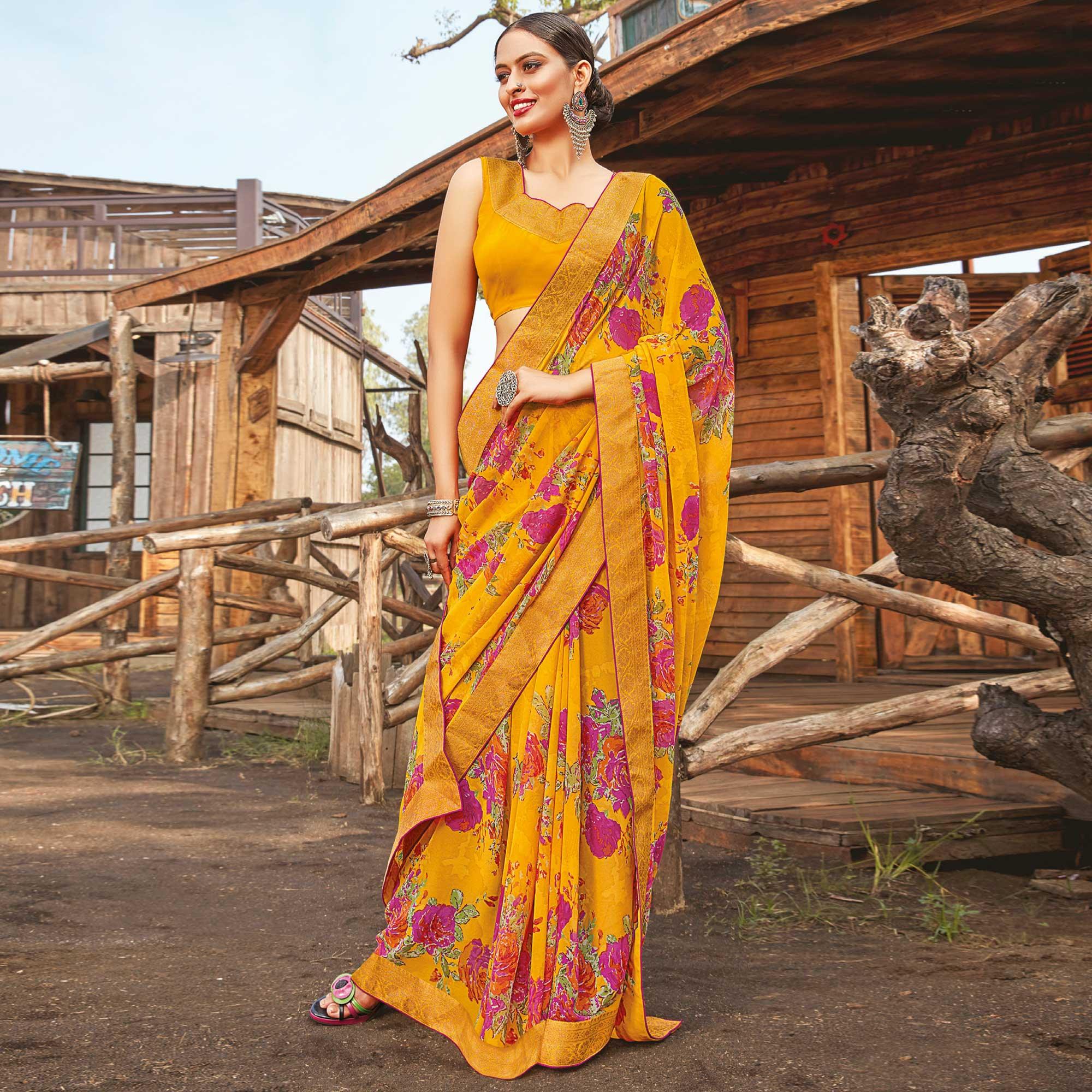 Peachmode Ethnic Yellow Coloured Partywear Pure Georgette Floral Printed Saree With Fancy Lace Border