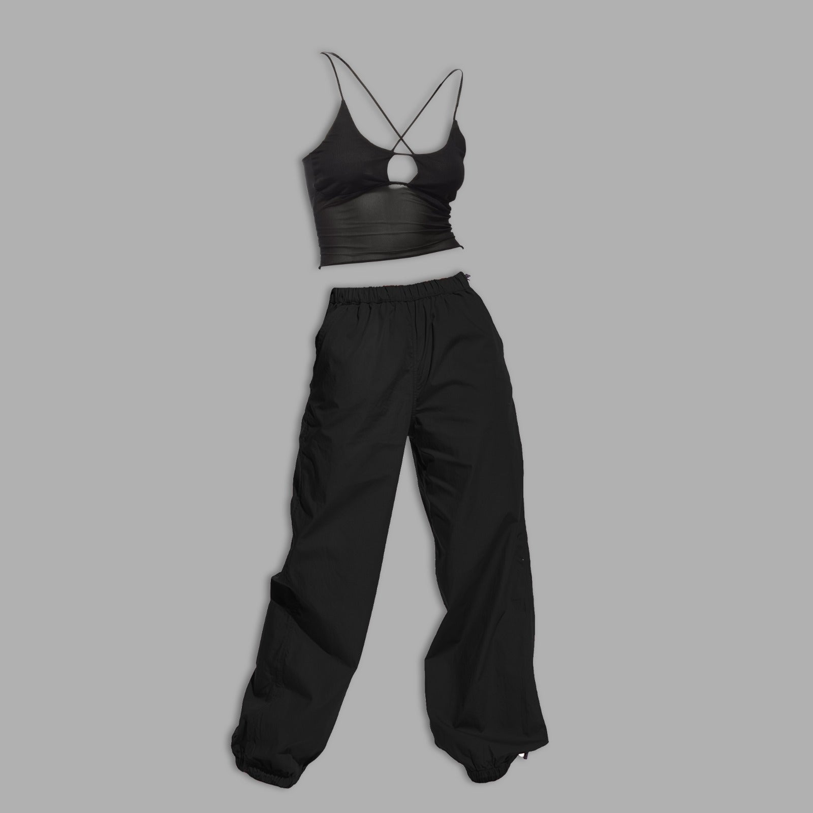 I Z F Black Mesh Top & Black Parachute Pants