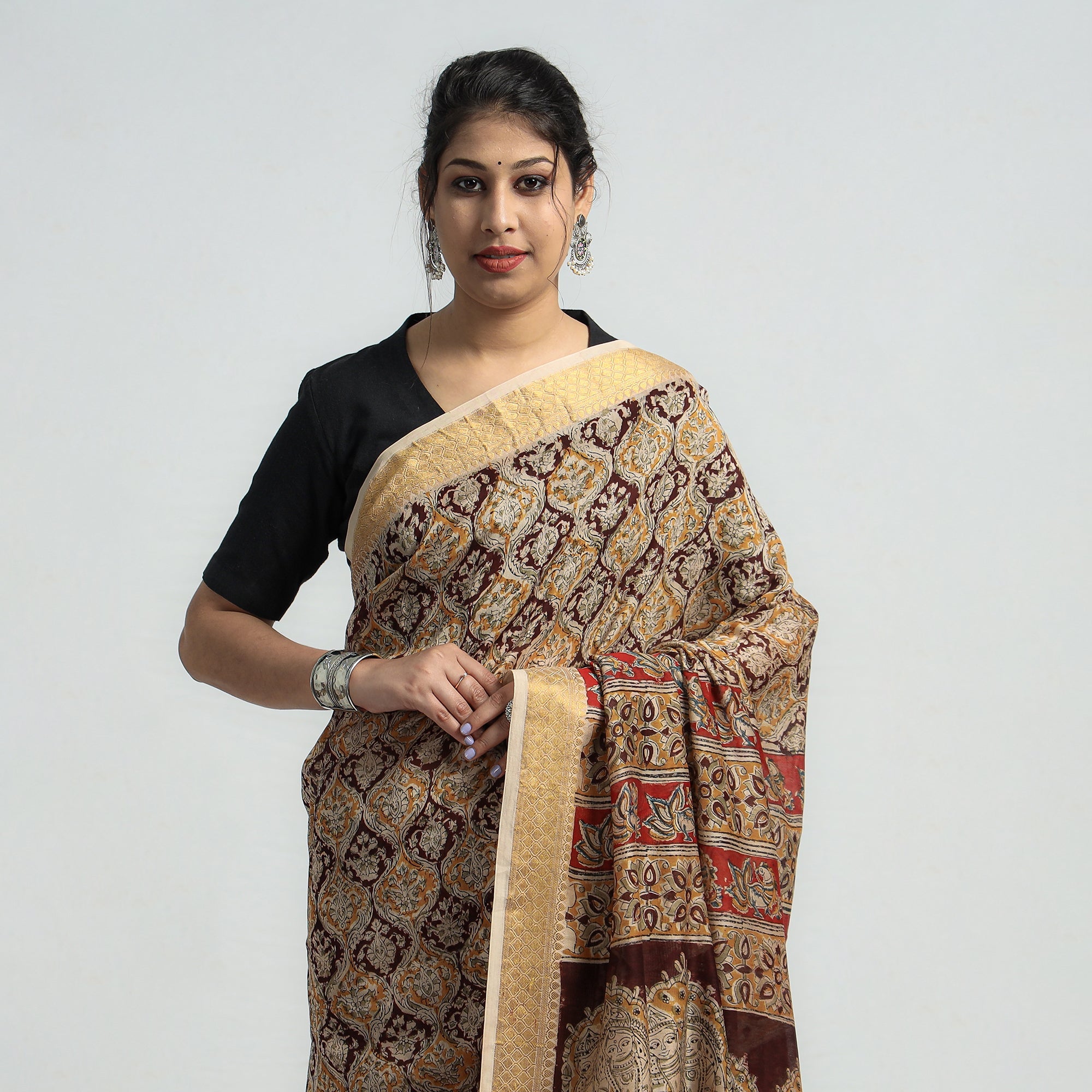 VENKATA BHANU KALAMKARI PEDANA Brown - Original Pedana Kalamkari Block Print Silk Saree - view 3