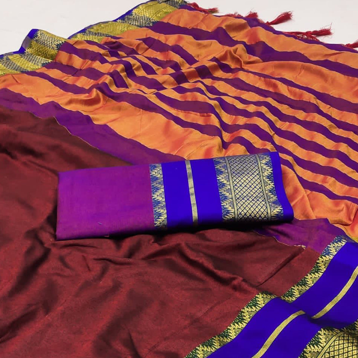 Peachmode Maroon Woven Cotton Silk Saree With Tassels - view 2