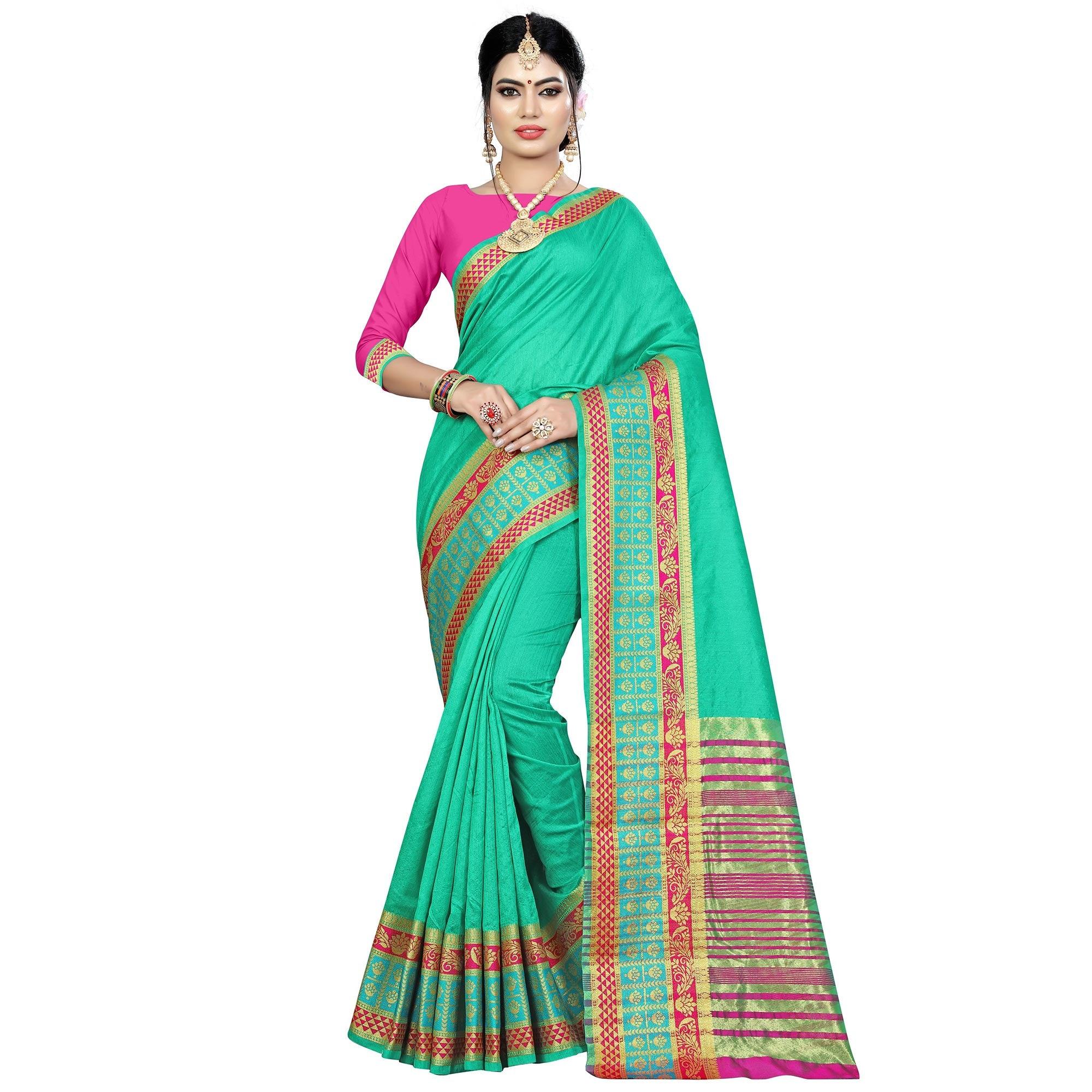 Peachmode Dazzling Turquoise Green Colored Festive Wear Woven Art Silk Saree