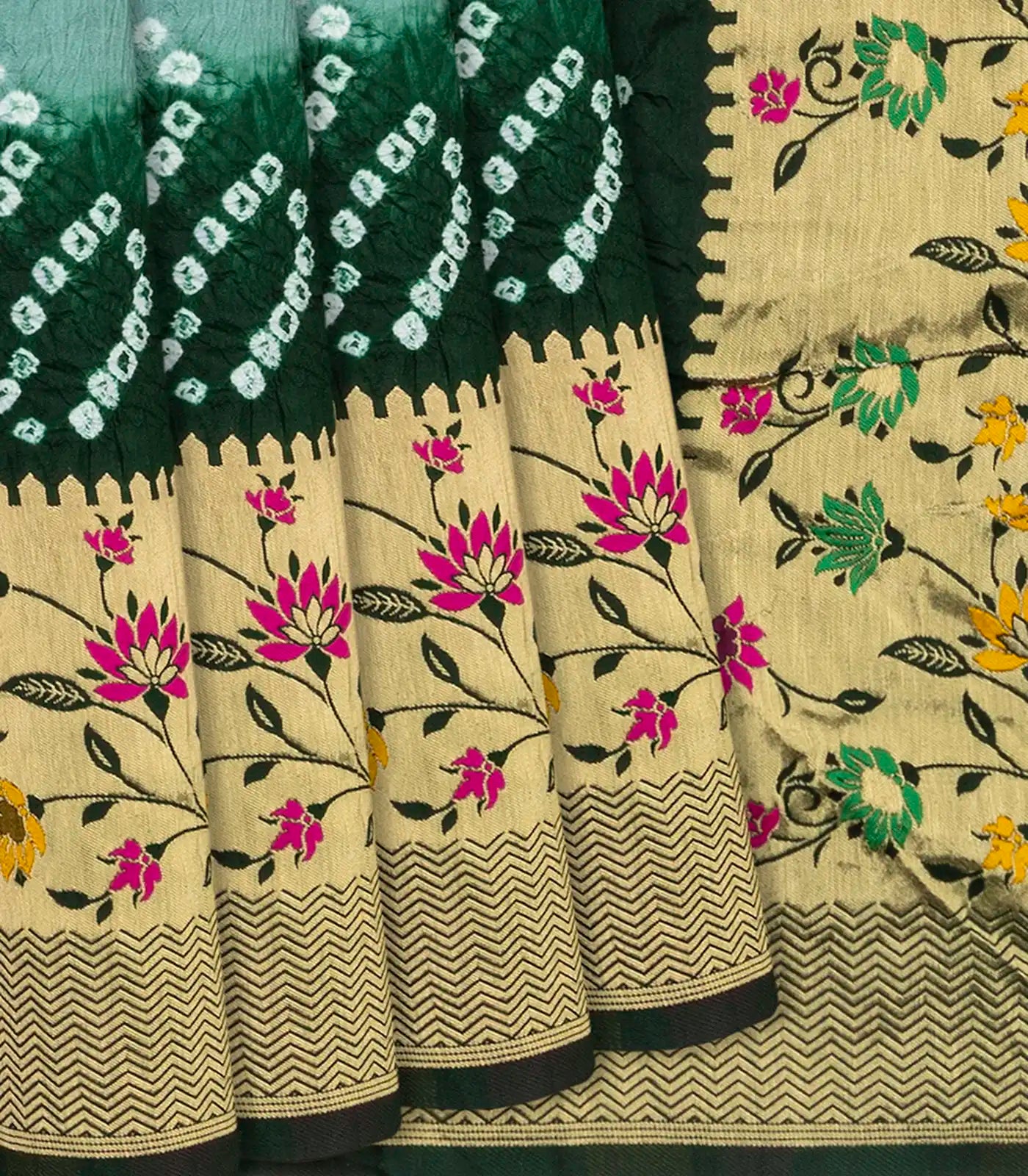 RmKV Shadow Green Woven Blended Bandhej Saree With Paithani Border-Shadow Green