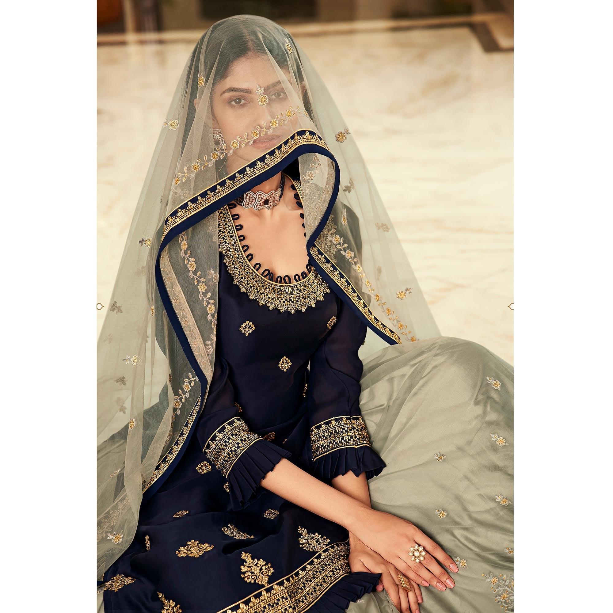 Peachmode Grey Partywear Embroidered Net Lehenga Choli - view 2