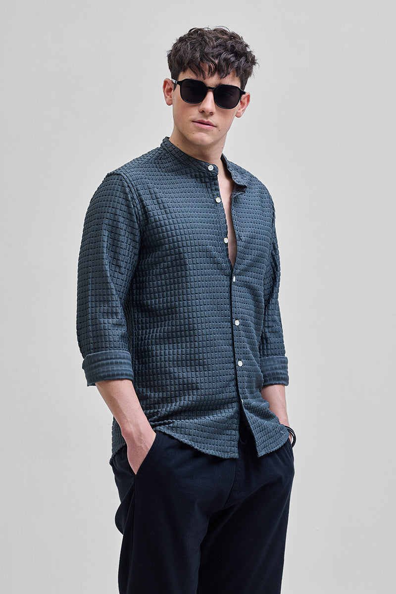 SNITCH Grey Textured Mandarin Shirt – Teal