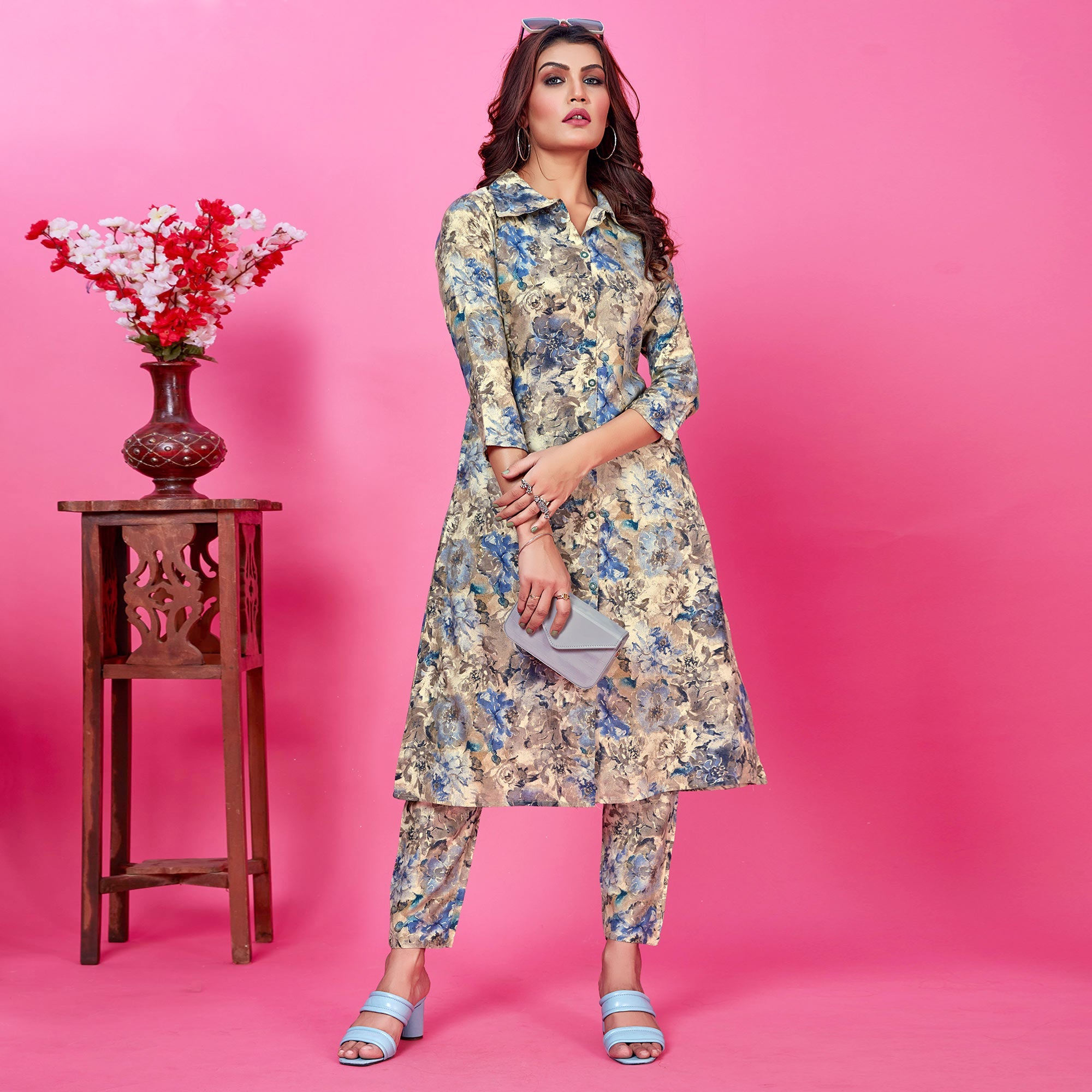 Peachmode Seller Cream Floral Foil Printed Rayon Co-Ord Set - view 2