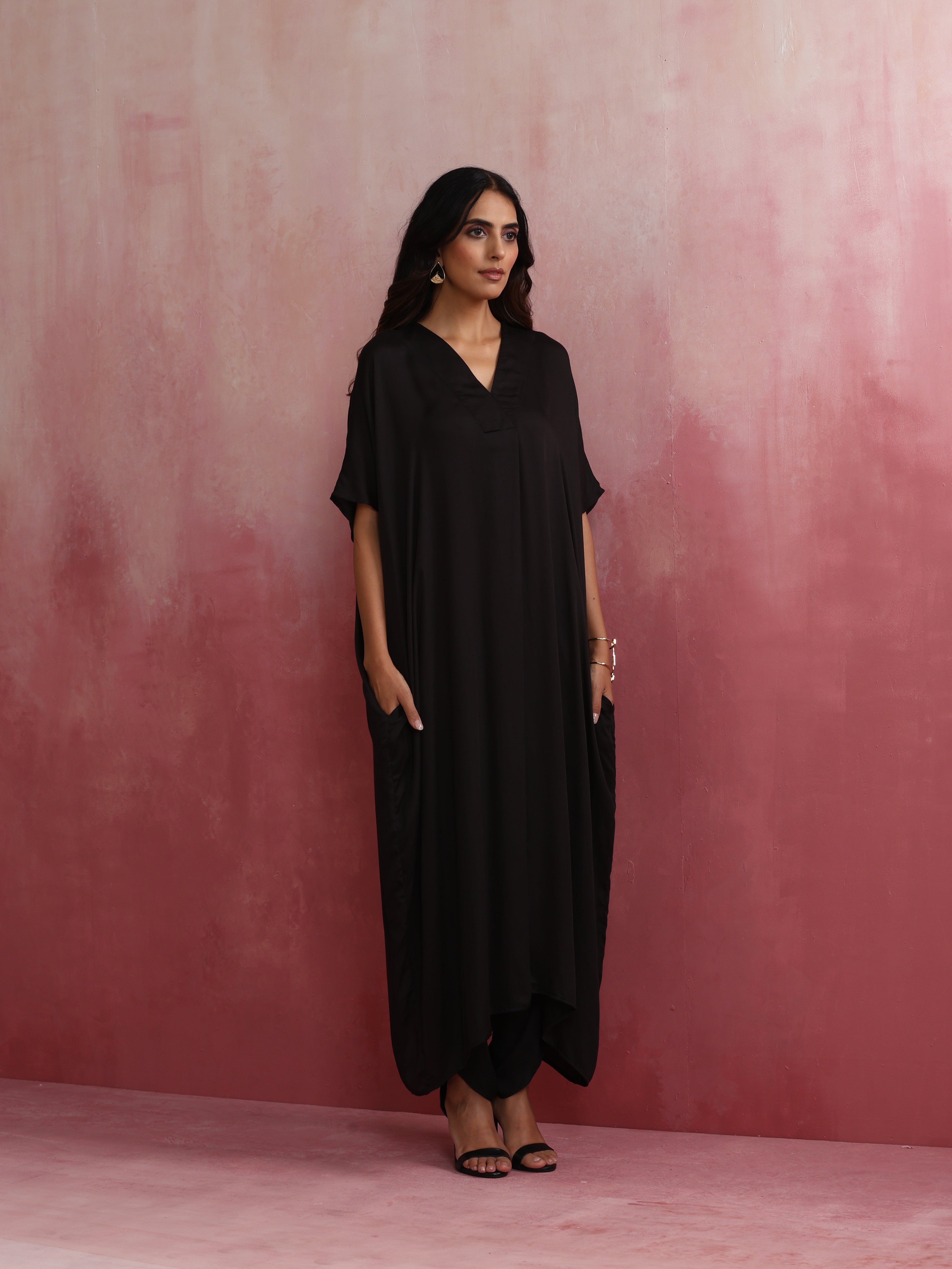 trueBrowns Black Modal Kaftan Kurta Set - view 2