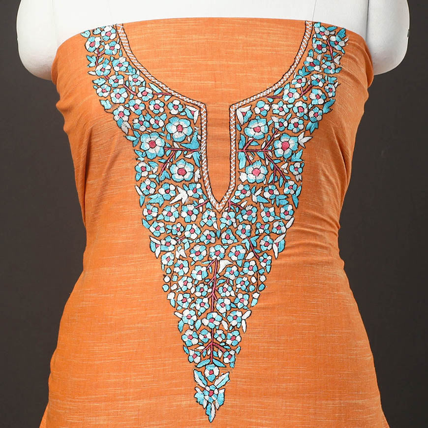 ITOKRI CRAFTS INITIATIVE Orange - Kashida Hand Embroidery Cotton Kurta Material (2.5m) 22 - view 3