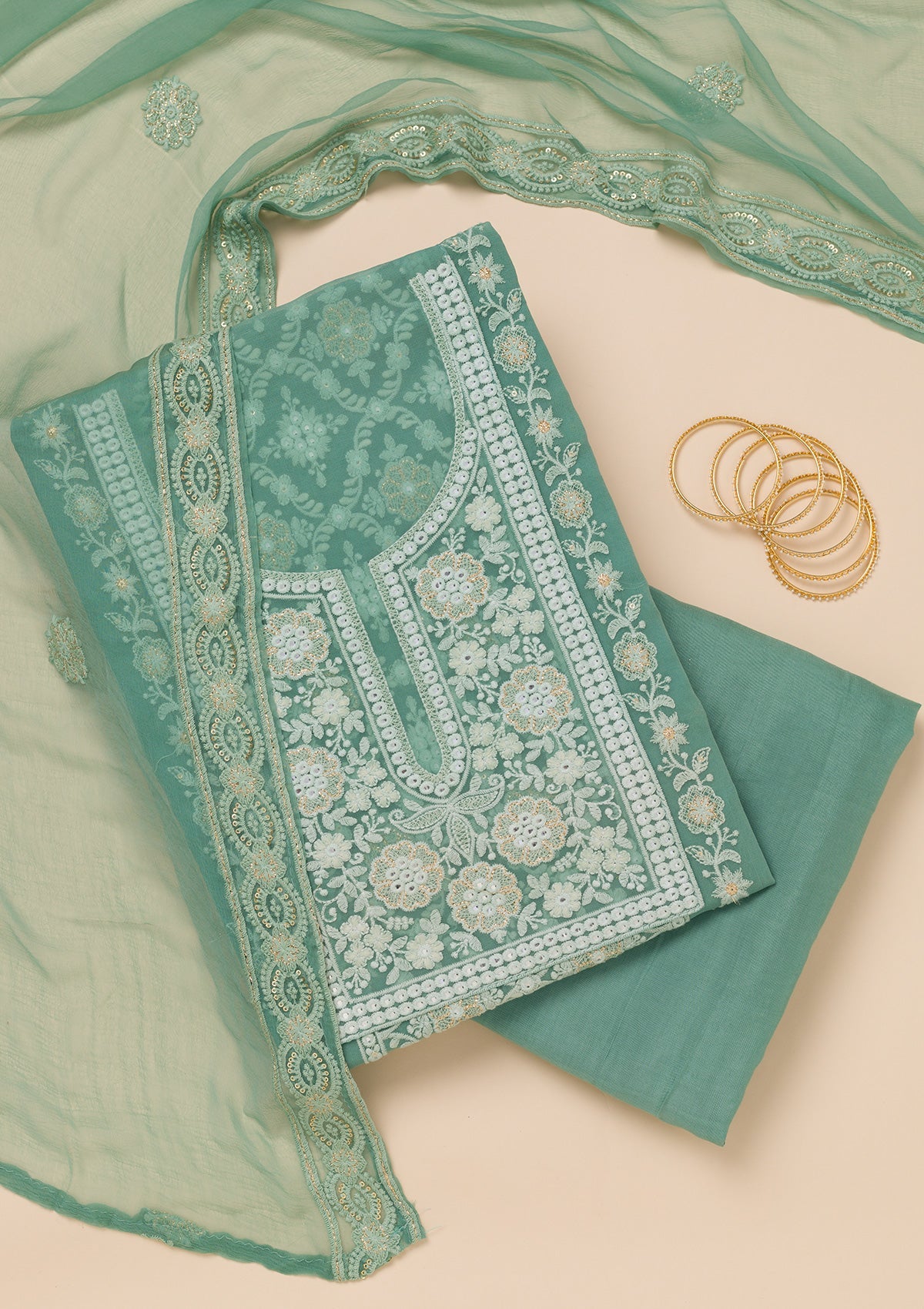 Koskii Sea Green Chikankari Georgette Unstitched Salwar Suit