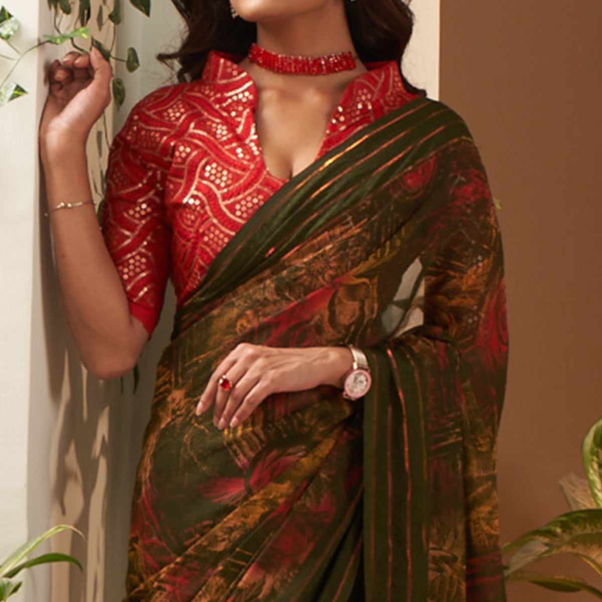 Peachmode Mehandi Green Floral Printed Georgette Saree - view 2